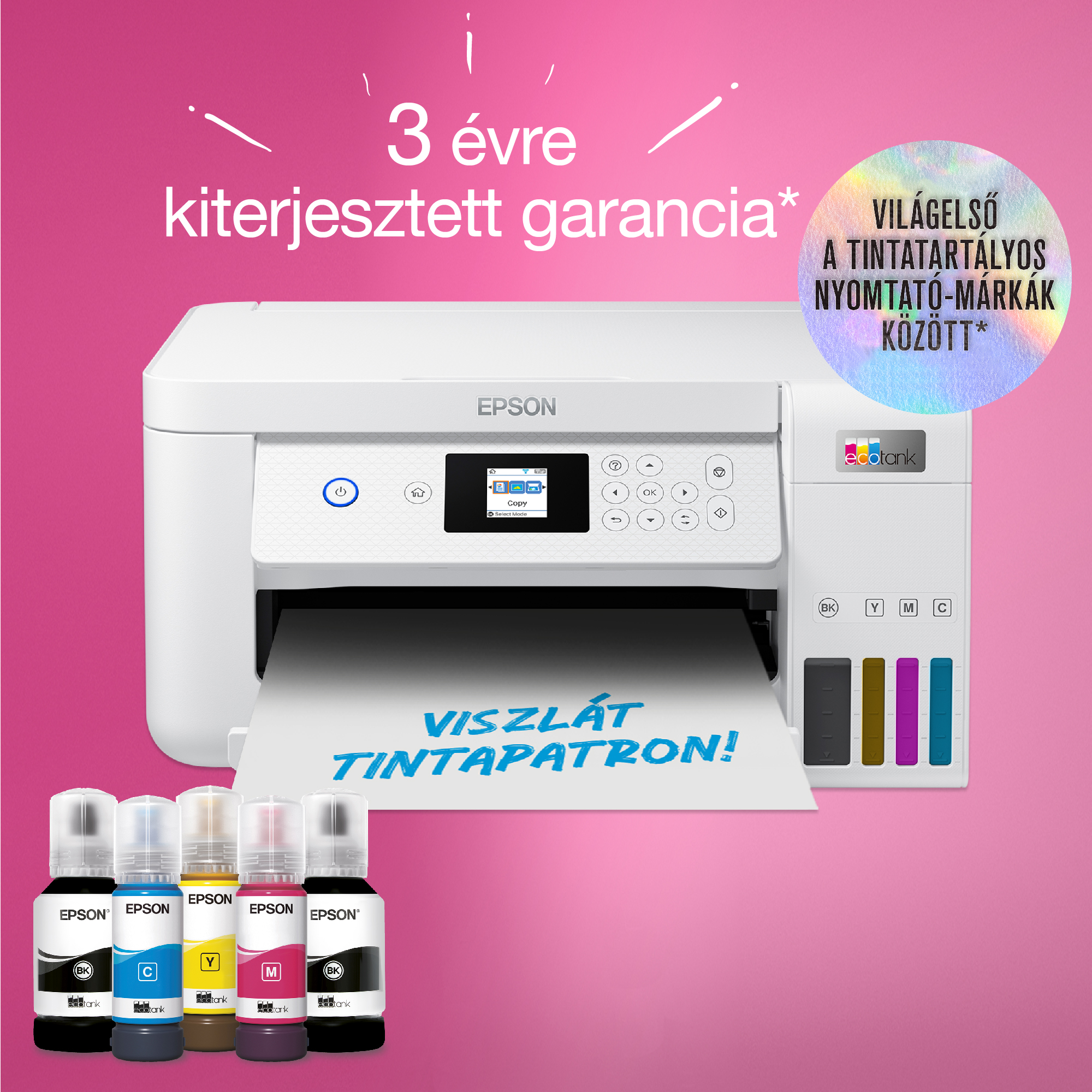 Epson nyomtató tintapalackokkal, magyar felirattal: 3 év kiterjesztett garancia. Rózsaszín háttér.