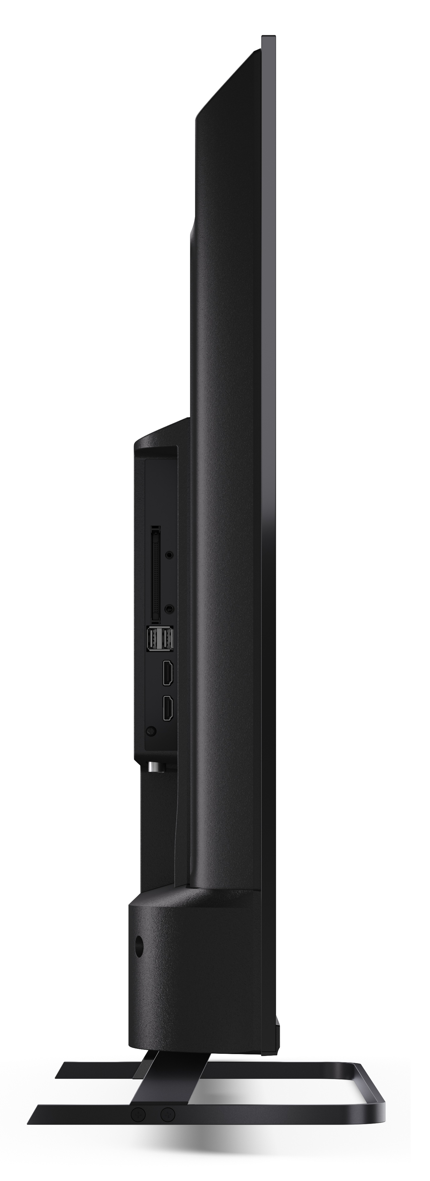 Widok z boku czarnego telewizora z płaskim ekranem na białym tle. Pokazuje porty, podstawę i elegancki design.