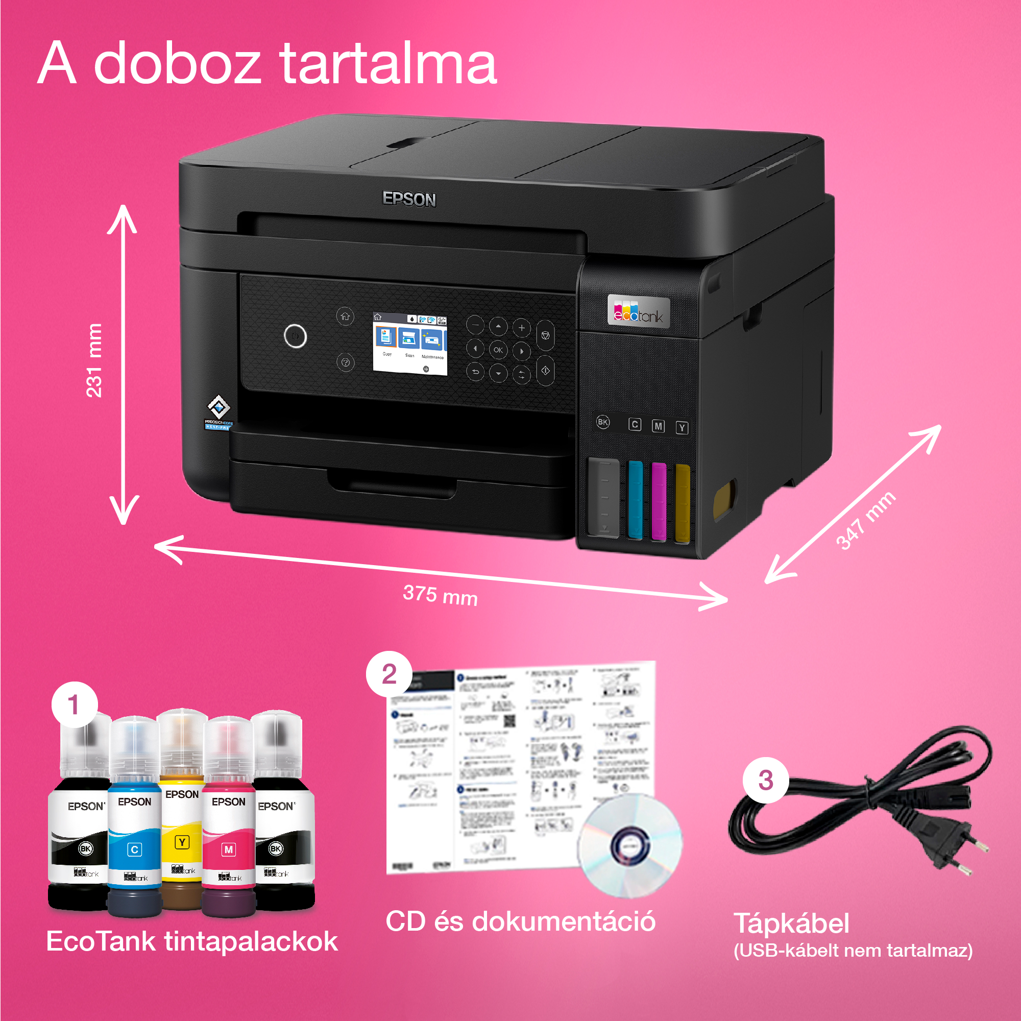 Egy Epson nyomtató tintapalackokkal, CD-vel, dokumentációval és tápkábellel. A méretek meg vannak adva.