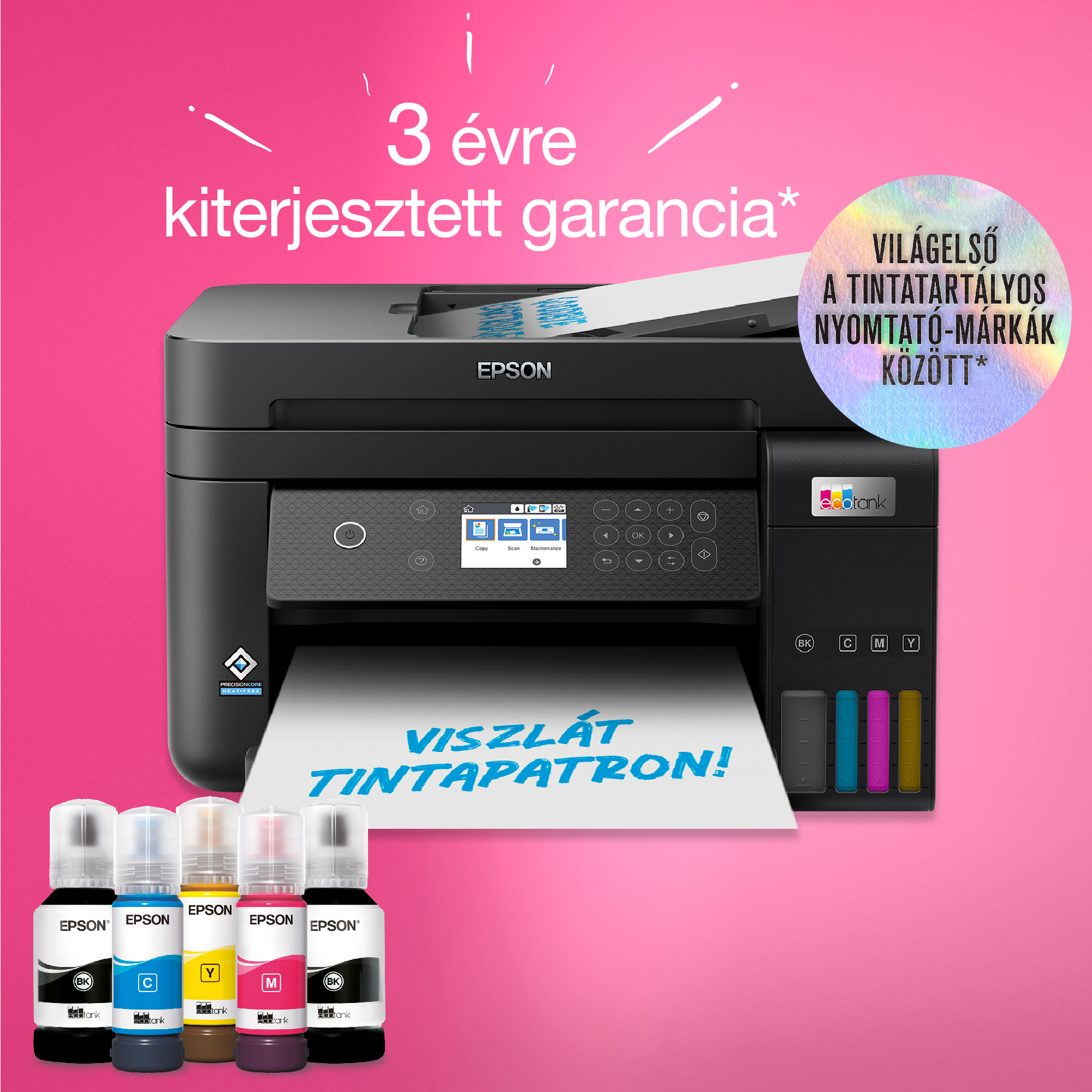 Epson nyomtató tintapalackokkal. Szöveg a nyomtatón és rózsaszín háttér.