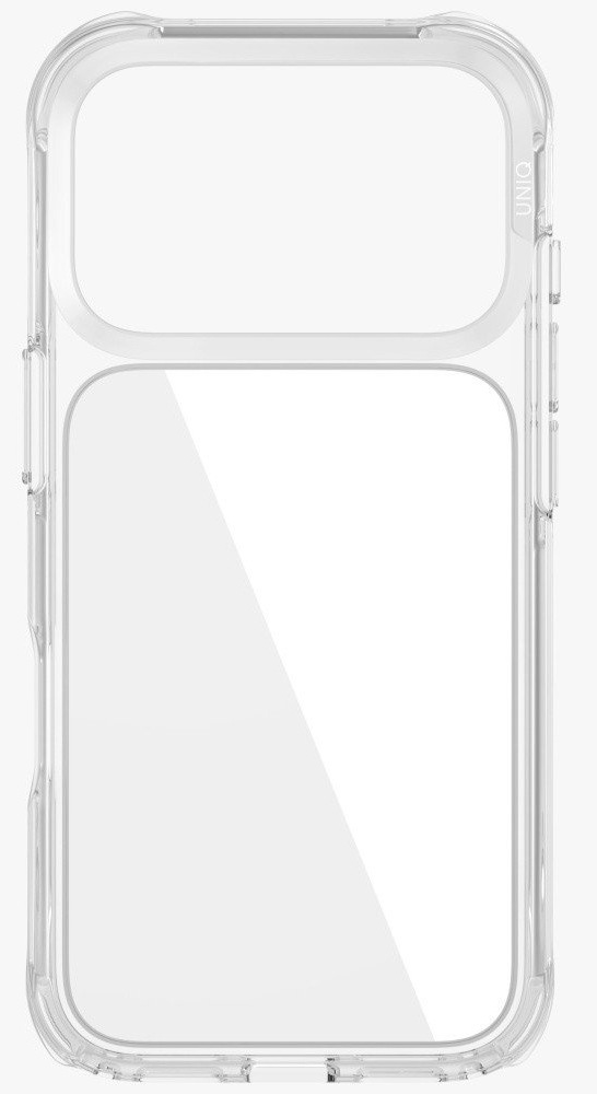 Przezroczyste etui na telefon. Etui ma zaokrąglone rogi i podniesioną krawędź chroniącą aparat. Widoczna jest marka UNIQ.