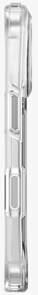 Przezroczyste etui na telefon widoczne z boku. Ma zaokrąglone prostokątne wycięcia i podniesioną krawędź na aparat.