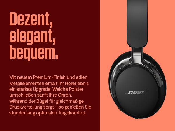Ein schwarzer Bose-Kopfhörer mit silbernen Akzenten hängt vor einem pfirsichfarbenen Hintergrund. Text auf Deutsch: 'Elegant, bequem'.