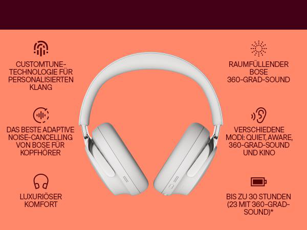 Weiße Kopfhörer mit Textbeschreibungen: individueller Klang, adaptive Geräuschunterdrückung, luxuriöser Komfort, 360-Grad-Sound und bis zu 30 Stunden Akku.