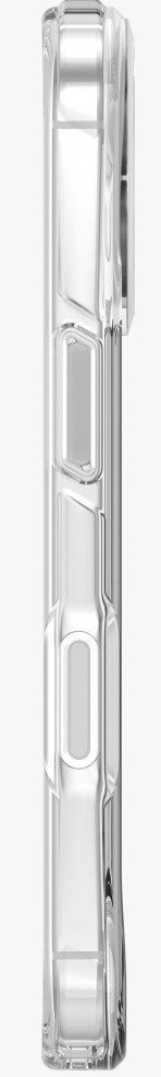 Przezroczyste etui na telefon, widok z boku. Posiada zaokrąglone prostokąty na przyciski i prostokątne wycięcie na aparat.