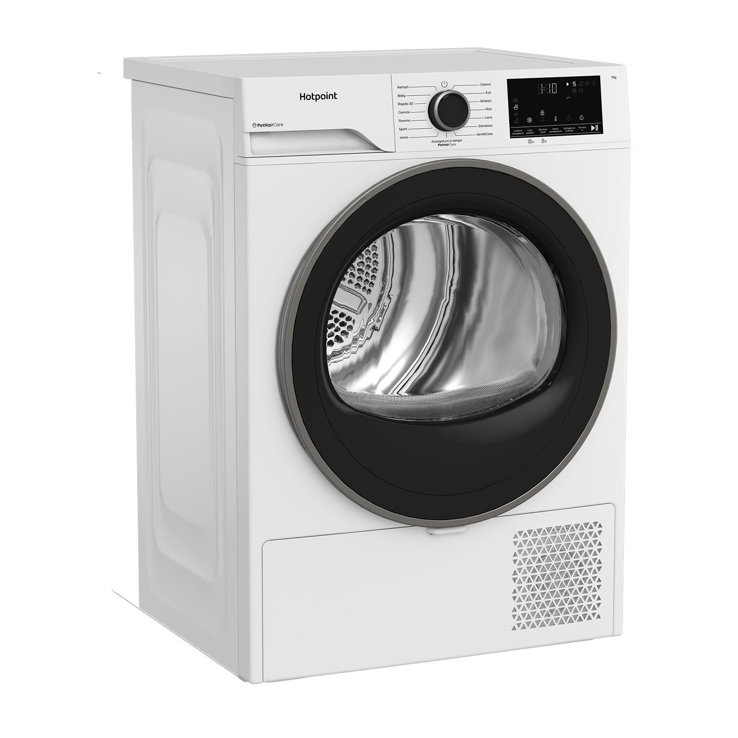 Un'asciugatrice Hotpoint bianca. Ha un telaio della porta e un pannello di controllo neri. Il display digitale mostra '8:88'.