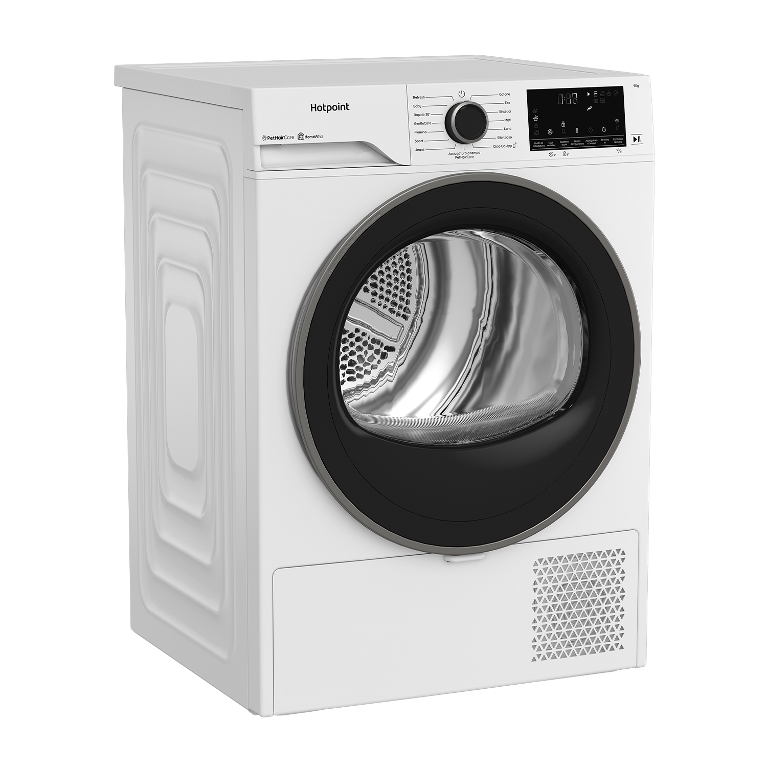 Un'asciugatrice Hotpoint bianca con finiture nere, pannello di controllo e display digitale. L'asciugatrice ha una porta rotonda e una griglia.