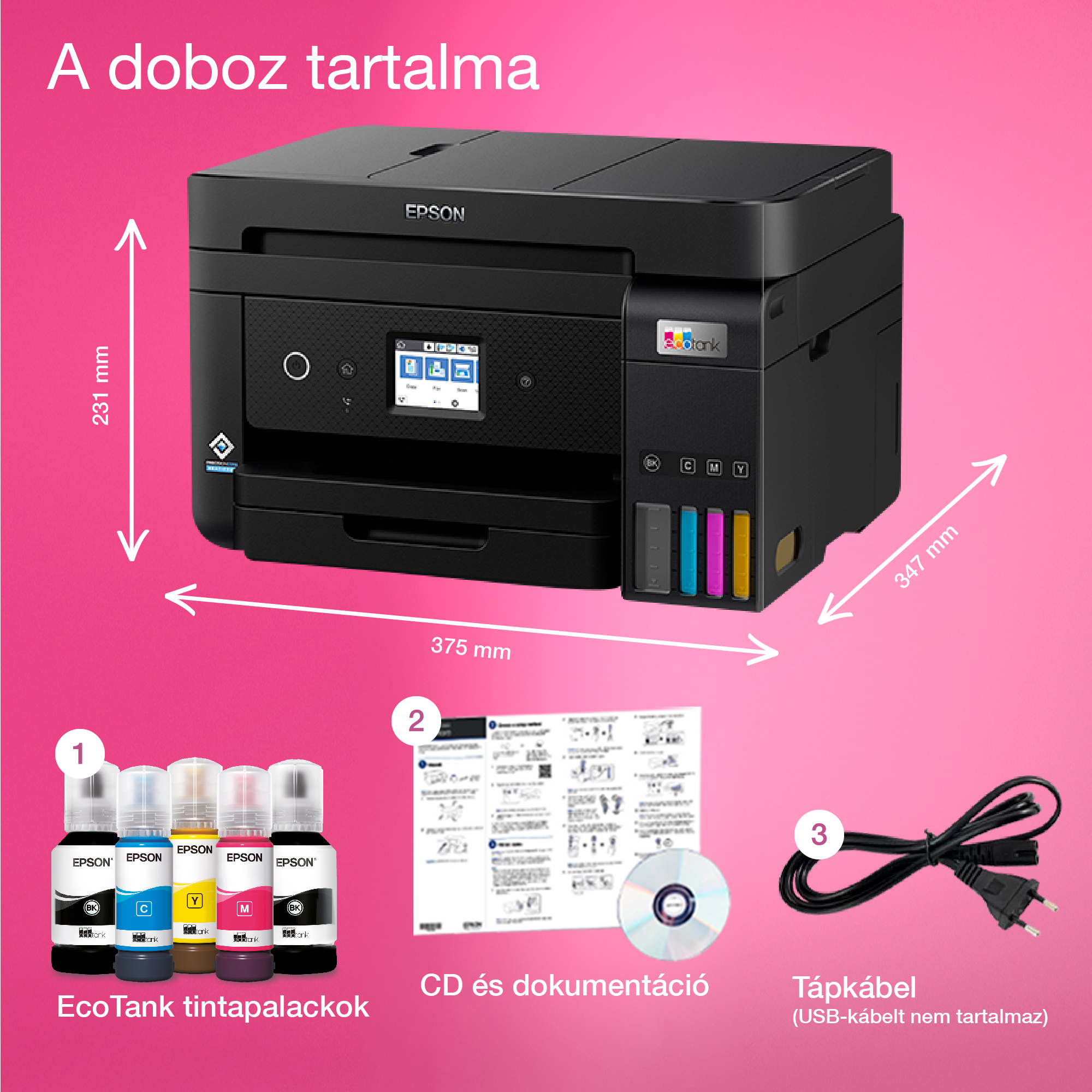 A képen egy fekete Epson nyomtató, tintapalackok, egy CD és egy tápkábel látható. Méretek nyíllal jelölve.