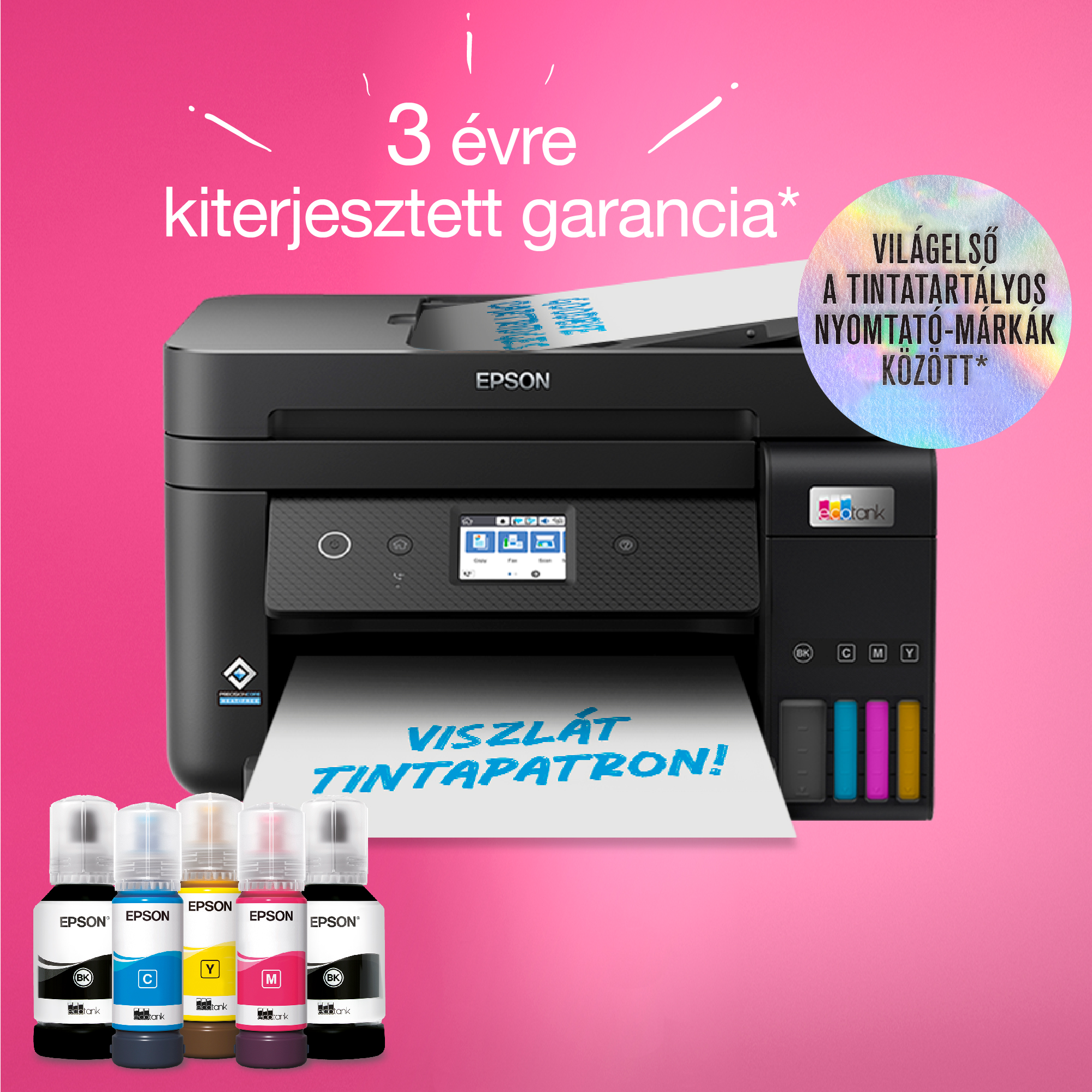 Fekete Epson nyomtató tintapalackokkal, rózsaszín háttér, szöveg 3 év garanciáról.