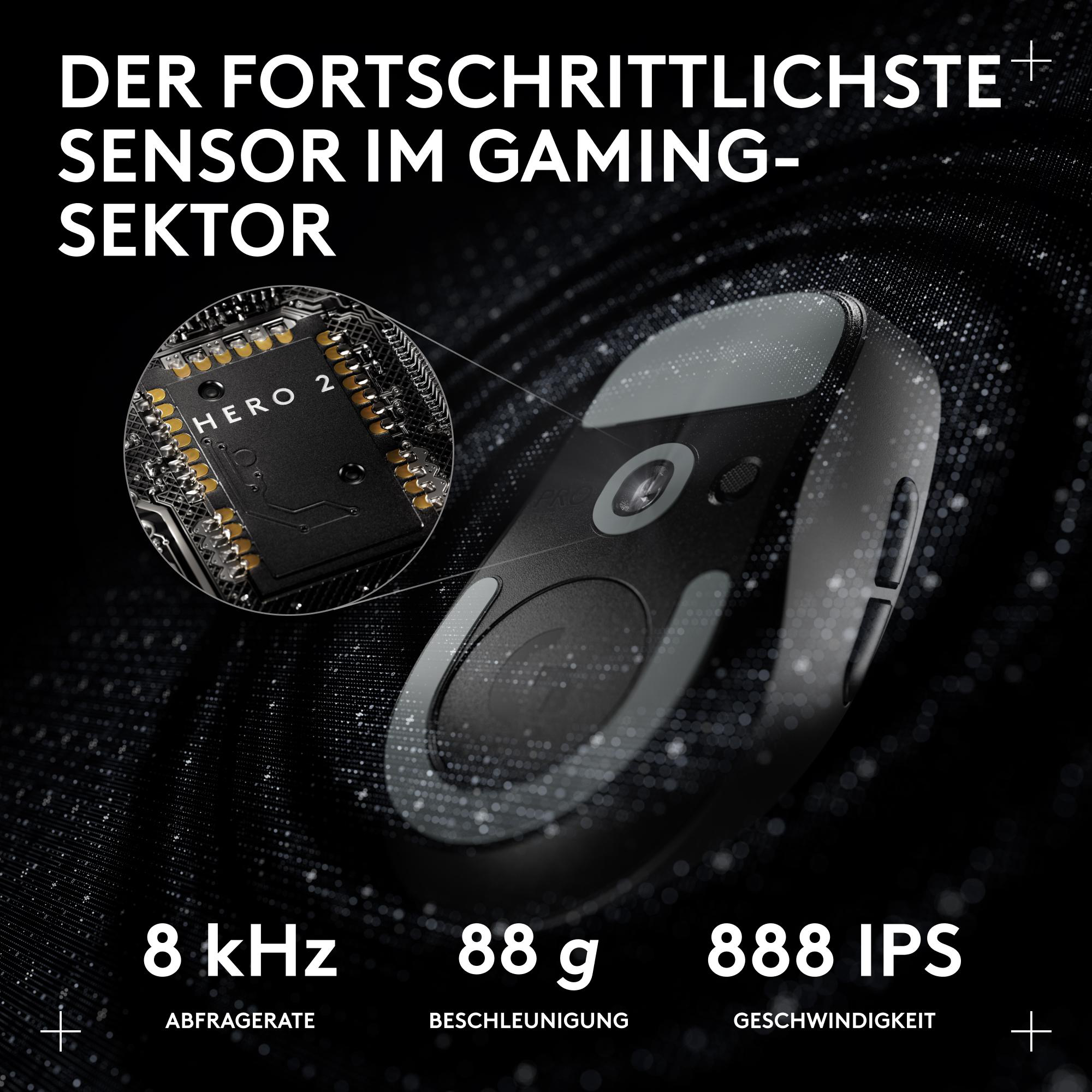 Das Bild zeigt eine Gaming-Maus mit einem HERO 2 Sensor. Die Statistiken umfassen 8 kHz, 88 g und 888 IPS. Schwarzer Hintergrund mit weißem Text.