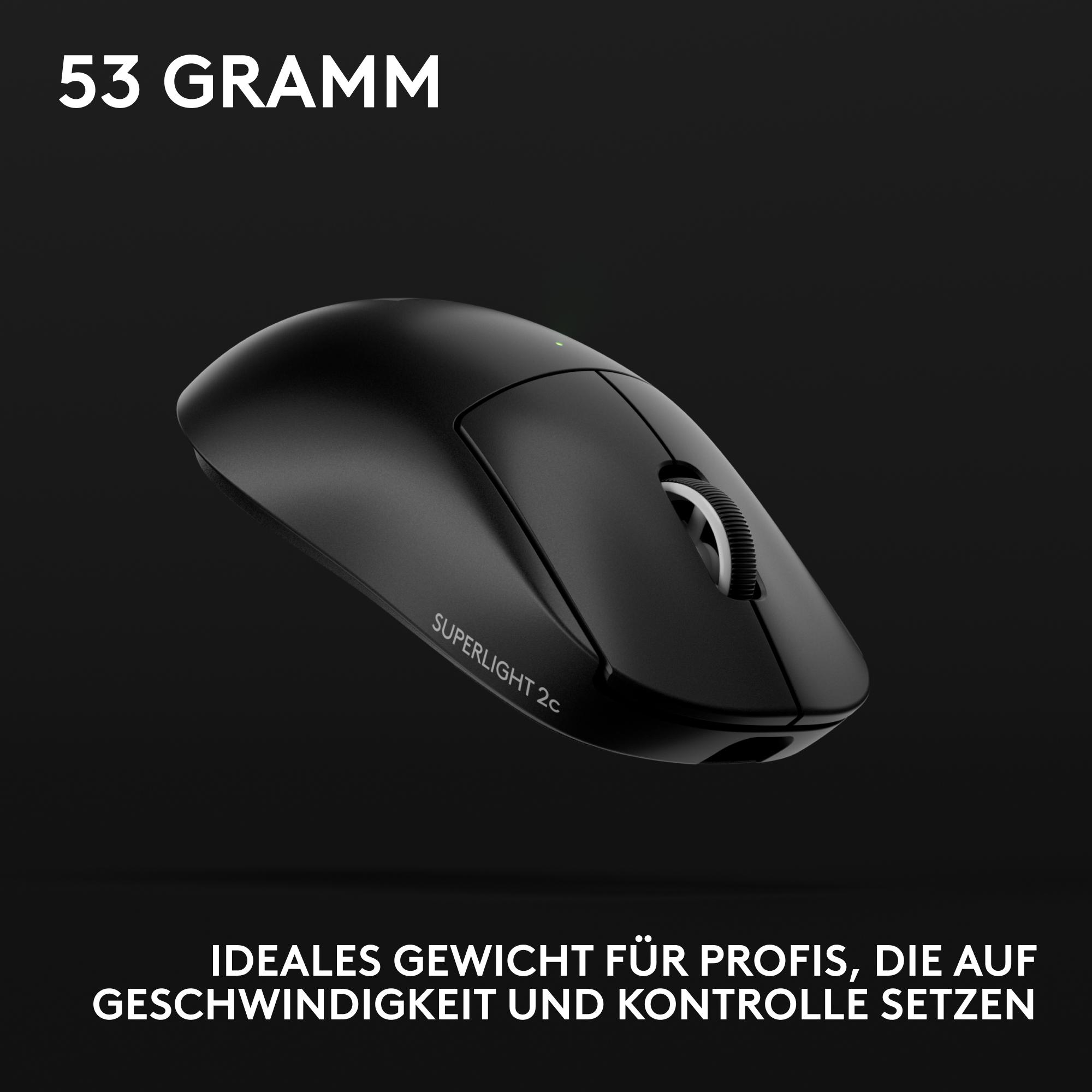 Eine schwarze Gaming-Maus auf schwarzem Hintergrund. Der Text lautet '53 GRAMM' und 'SUPERLIGHT 2c'.