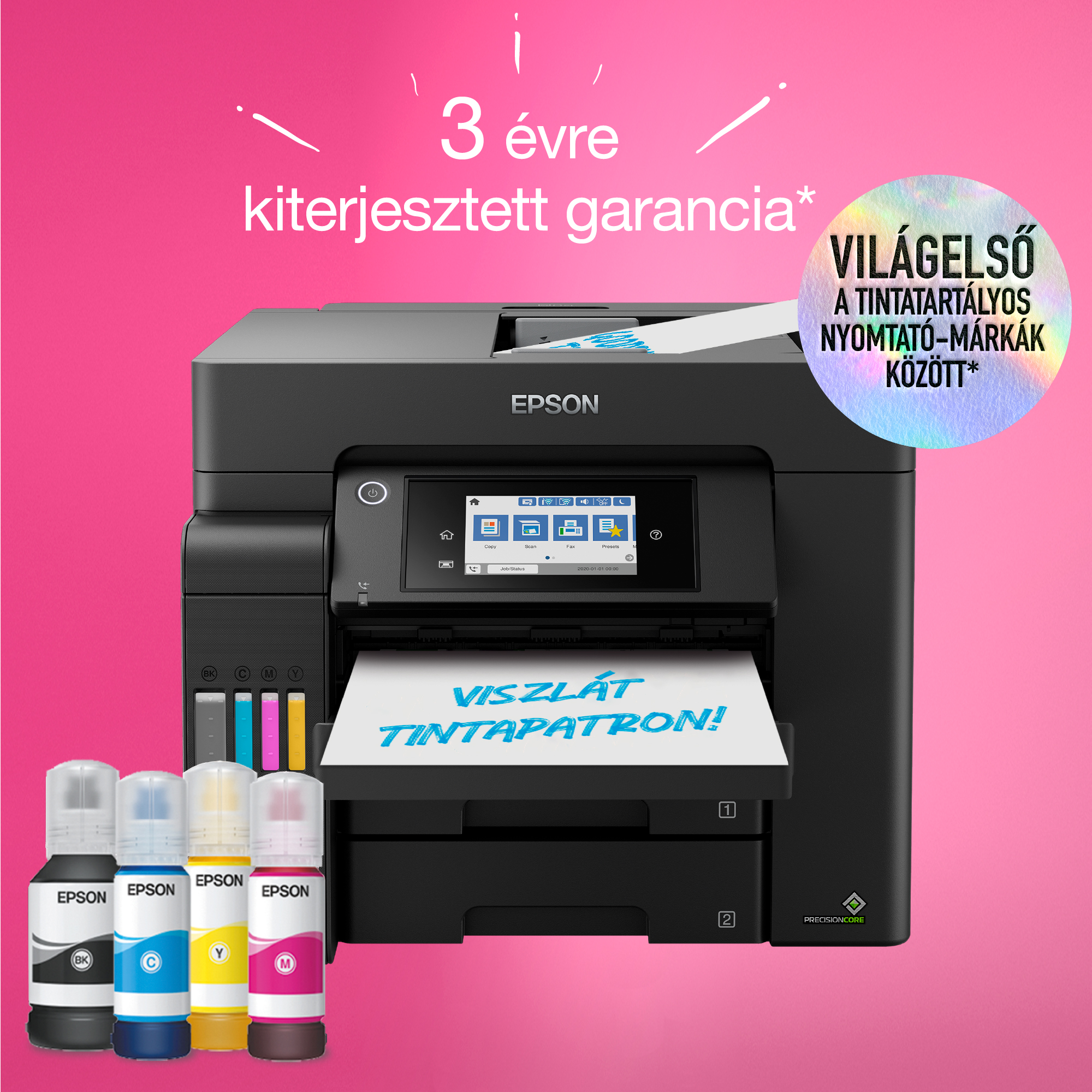 Epson nyomtató tintapalackokkal. A szöveg a következő: '3 év kiterjesztett garancia'. A nyomtató a 'VISZLÁT TINTAPATRON!'-t jeleníti meg.