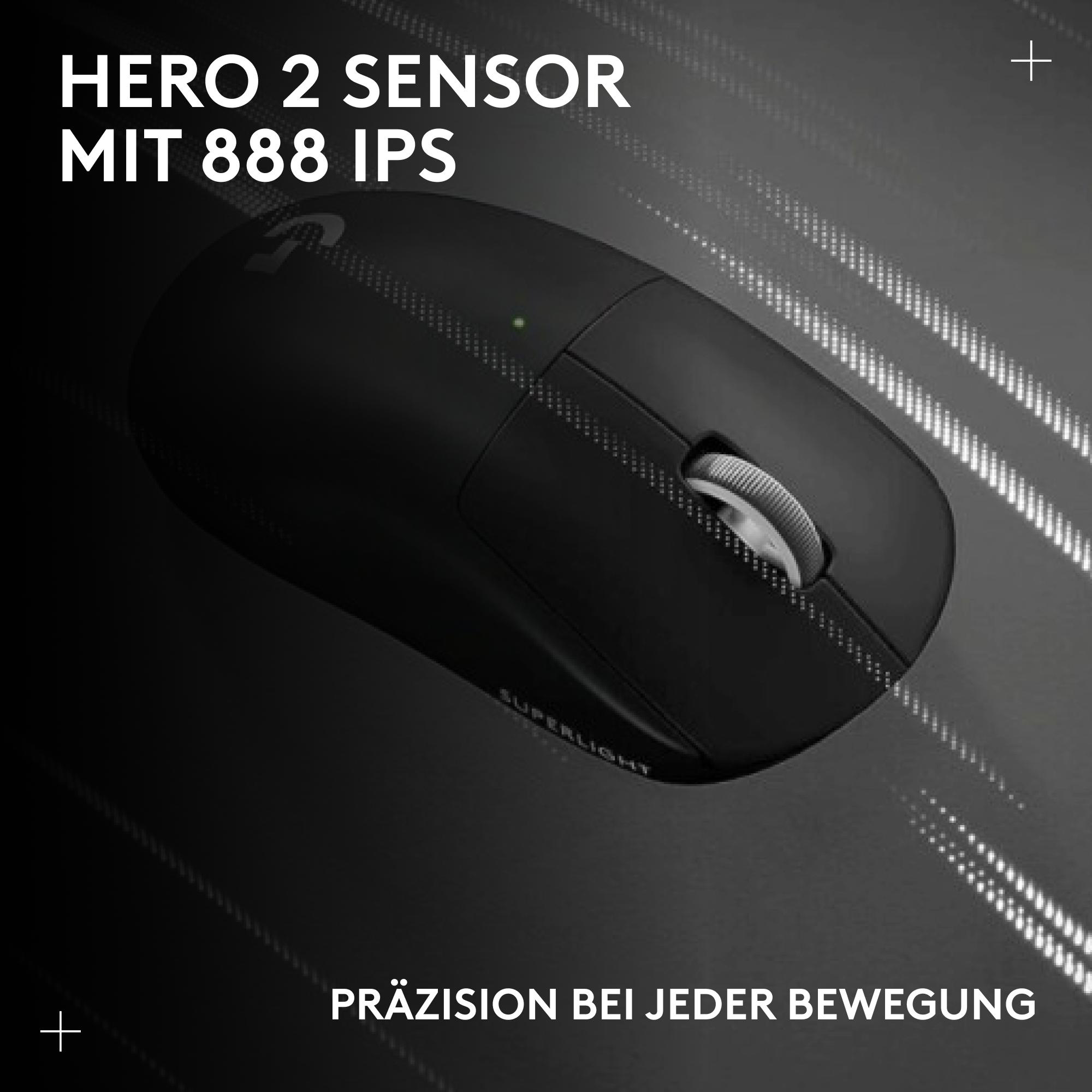Schwarze kabellose Maus mit silbernem Scrollrad. Text: 'HERO 2 SENSOR MIT 888 IPS' und 'Präzision bei jeder Bewegung'.