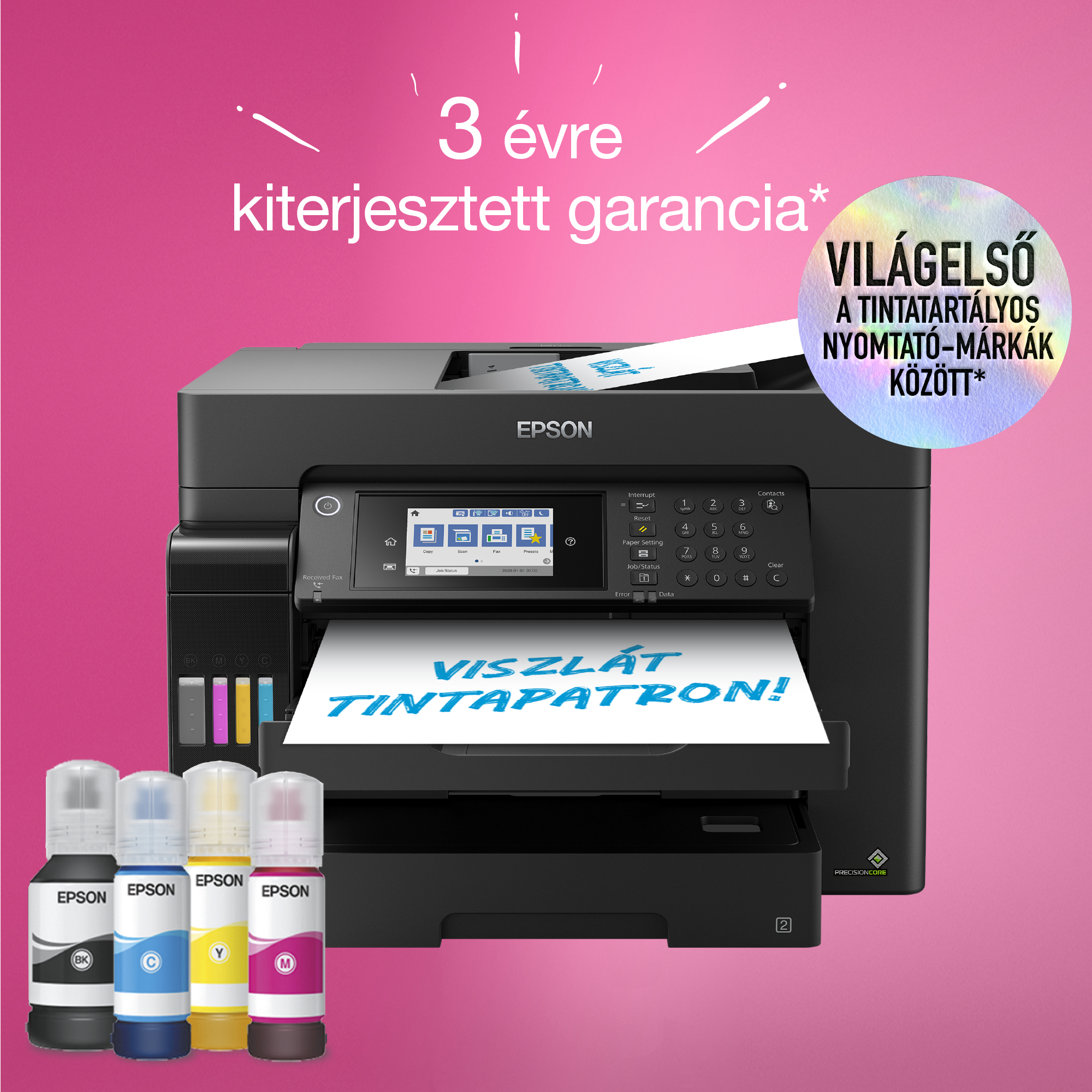 Epson nyomtató tintapalackokkal. Rózsaszín háttér, 3 év garancia felirattal. Papíron: VISZLÁT TINTAPATRON!