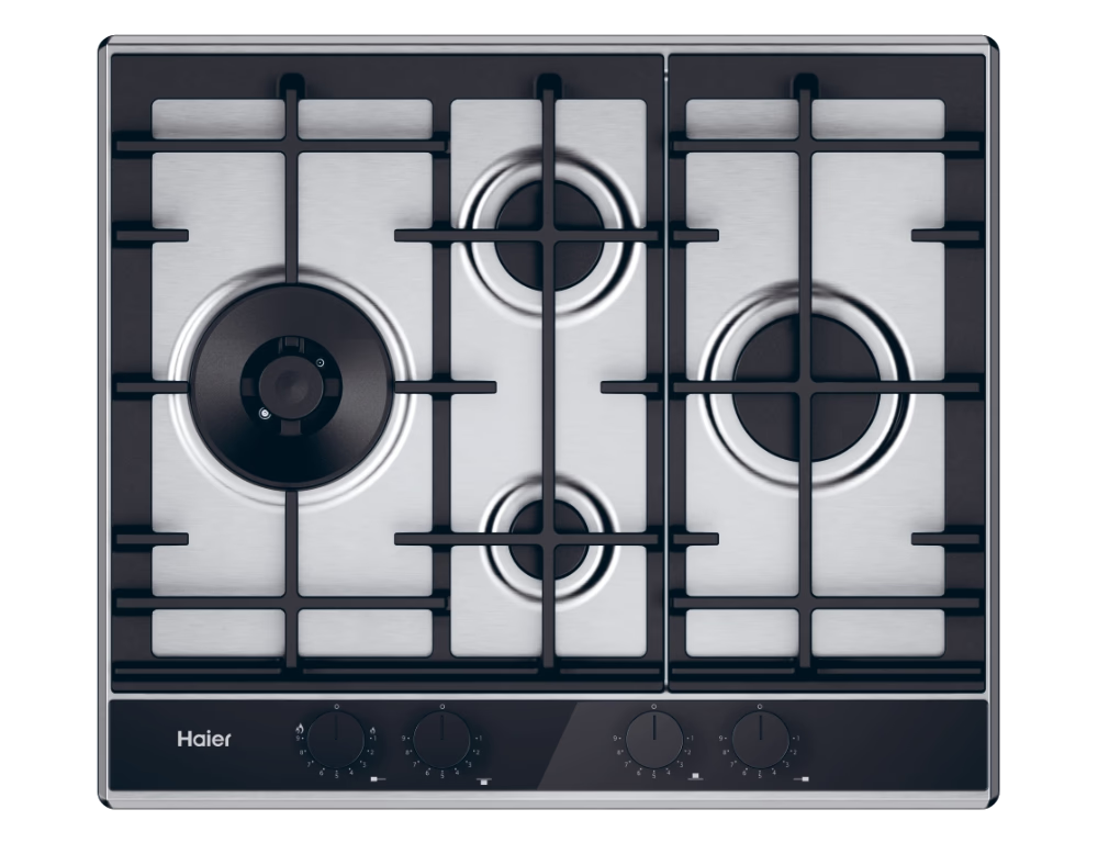HAIER HAHG6D5TX Beépíthető gáz főzőlap 60cm, 3+1 wok égő, inox, öntöttvas rács, "Diamond" konfiguráció