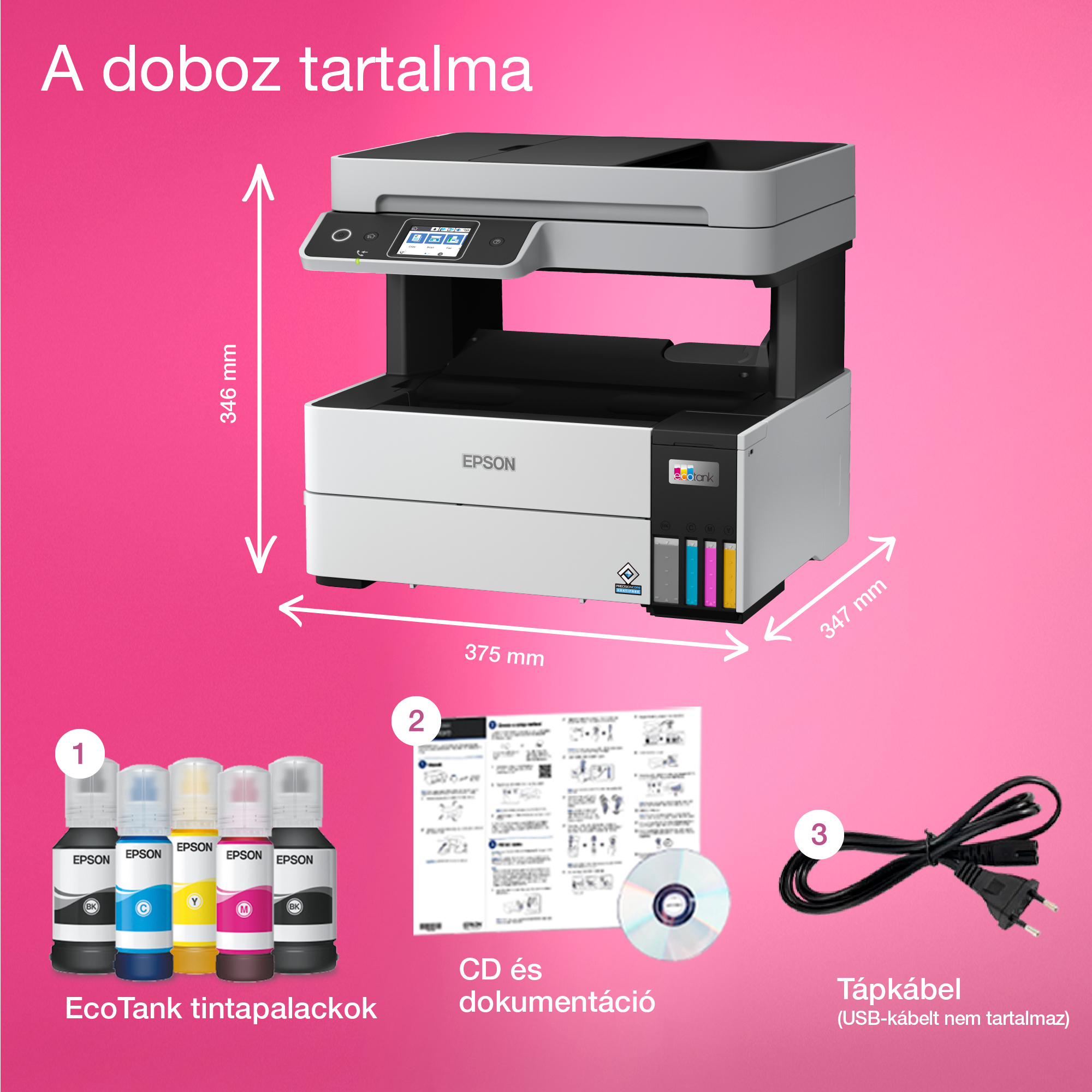 Egy Epson nyomtató tintapalackokkal, CD-vel, dokumentációval és tápkábellel. A kép méretinformációkat tartalmaz.