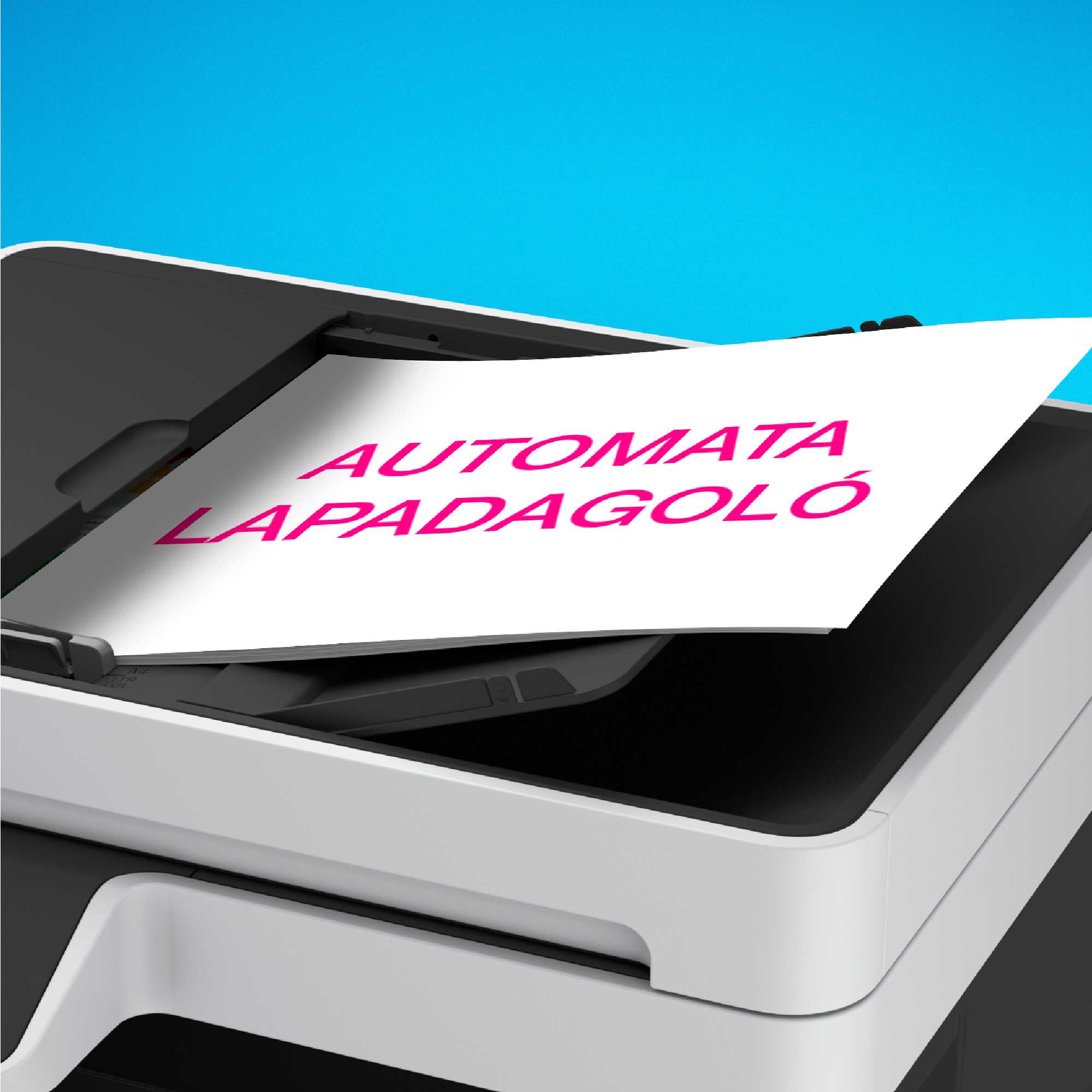 Egy nyomtató rózsaszín 'AUTOMATA LAPADAGOLÓ' feliratú papírral, kék háttérrel.