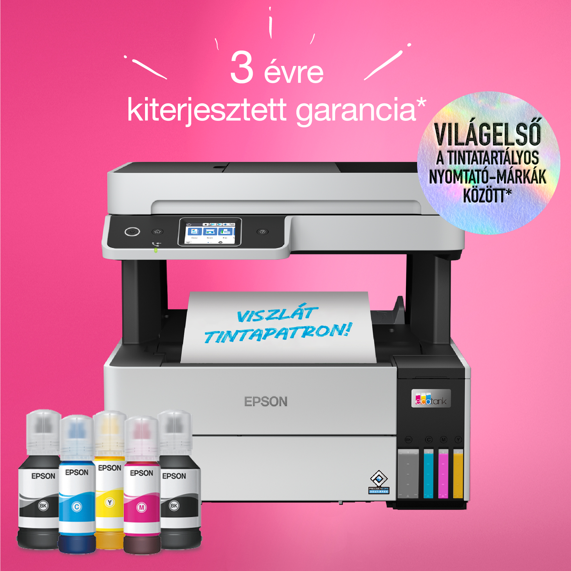 Egy Epson nyomtató tintapalackokkal, rózsaszín háttérrel és magyar szöveggel.