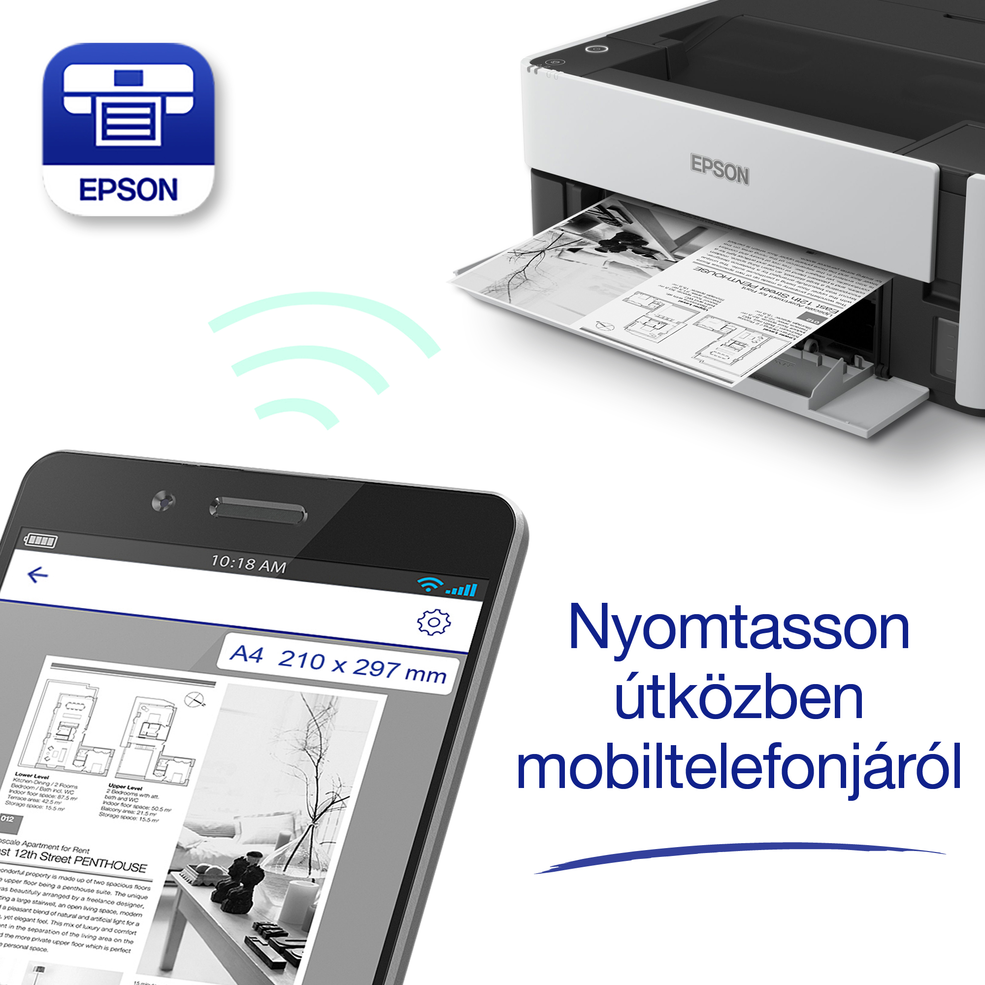 Egy Epson nyomtató alaprajzot nyomtat okostelefonról. A telefonon a terv látható, a nyomtató a háttérben.