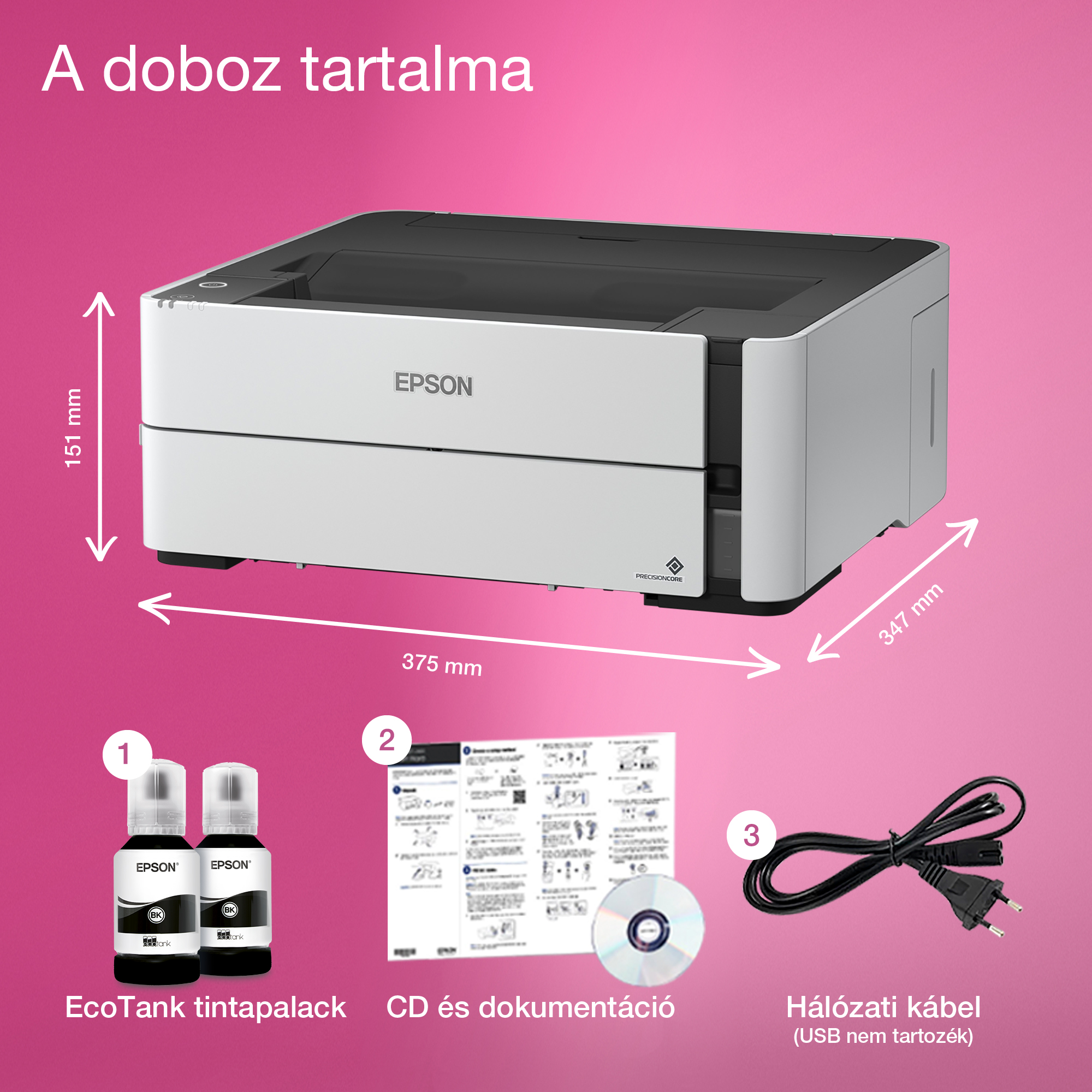 A képen Epson nyomtató látható kiegészítőkkel, beleértve tintapalackokat, CD-t és tápkábelt, rózsaszín háttér előtt.