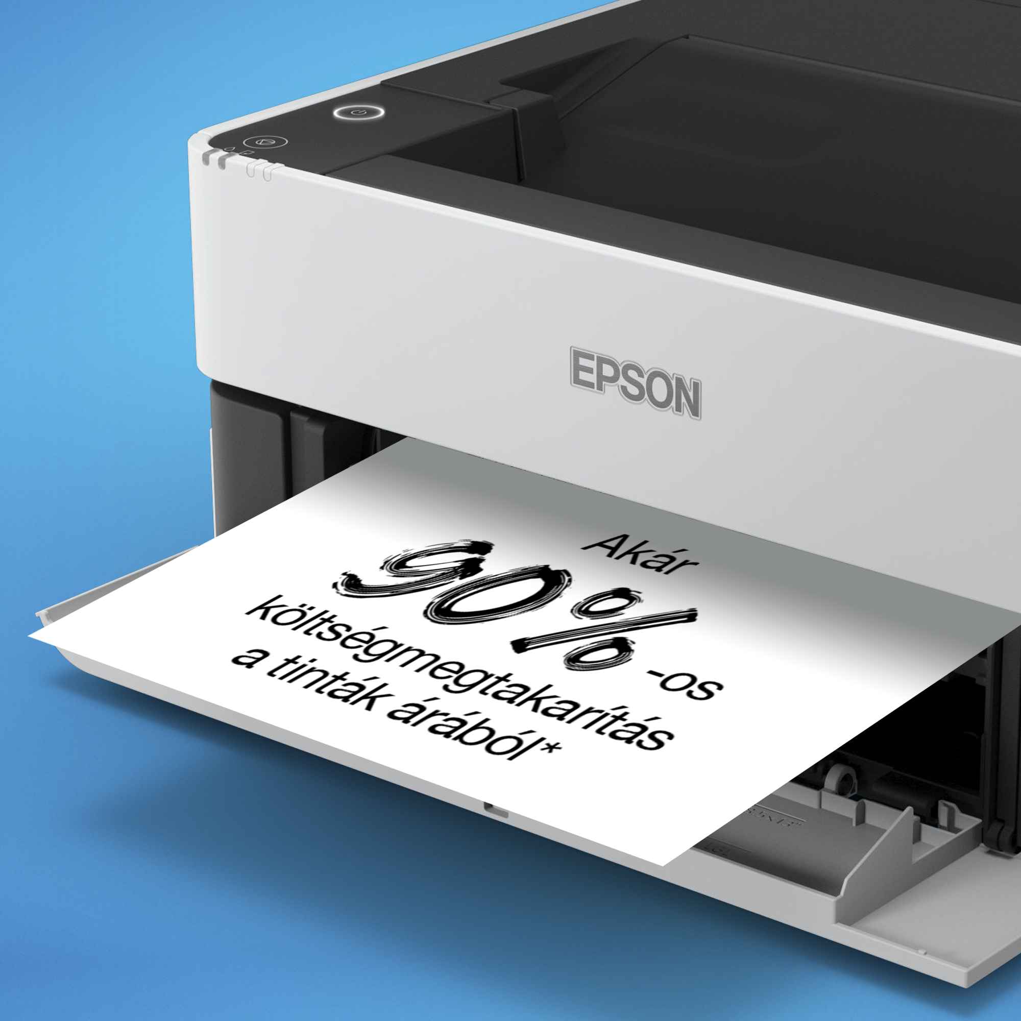 Egy Epson nyomtató, kinyomtatott papírral, melyen magyar nyelvű szöveg olvasható, 90% tintamegtakarítást jelez.