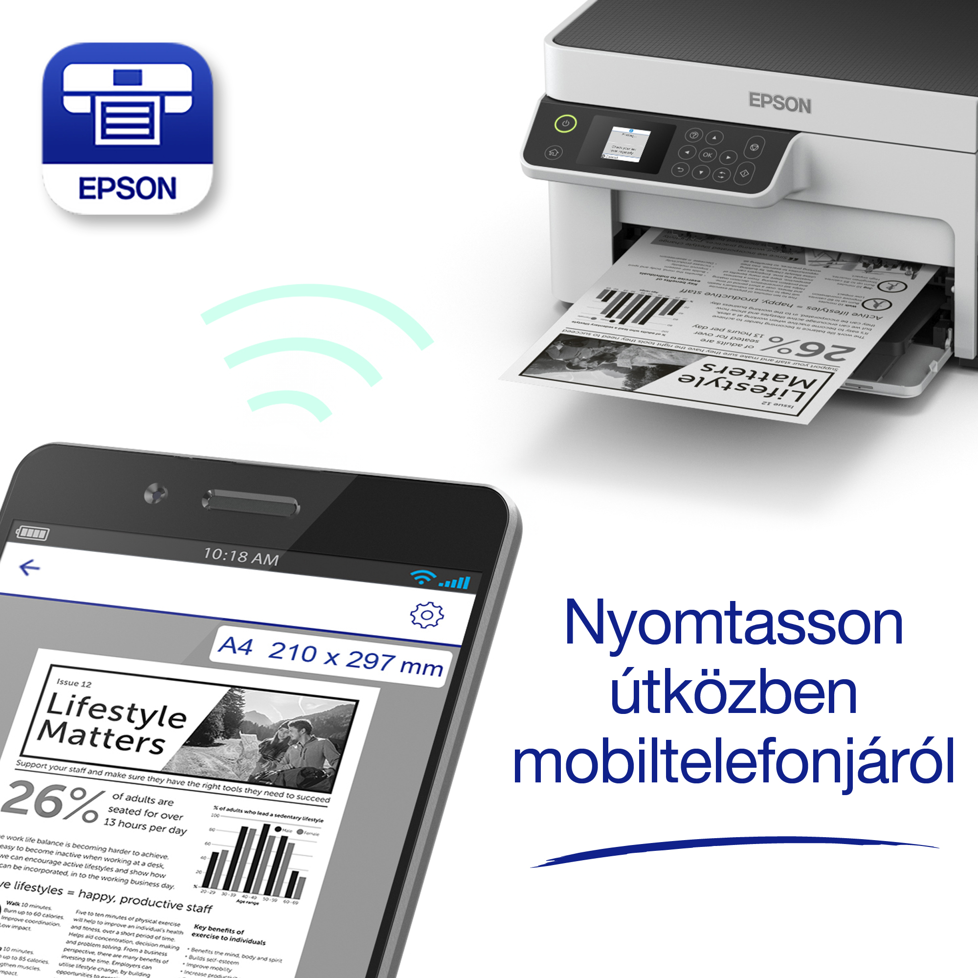 Egy nyomtató dokumentumot nyomtat. Egy telefon ugyanazt a dokumentumot mutatja. Magyar nyelvű szöveg.