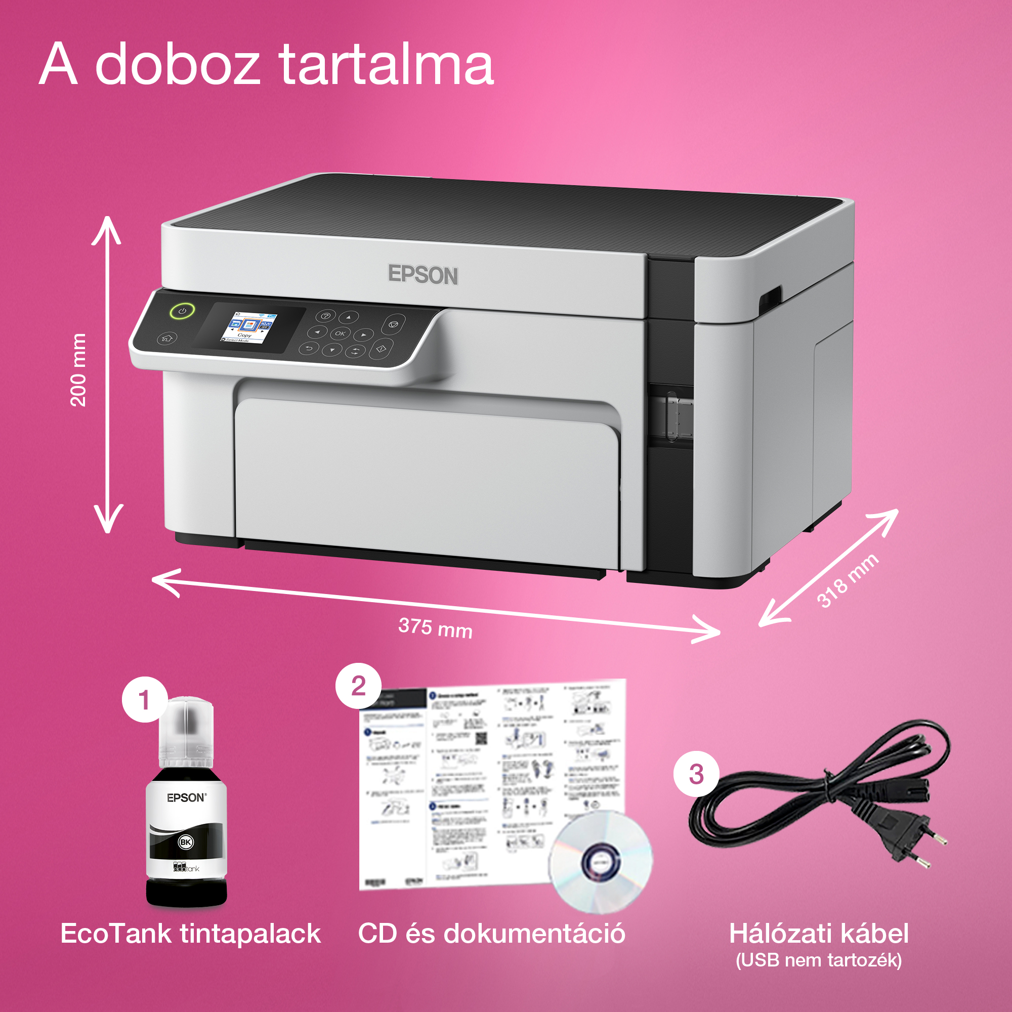 A képen egy Epson nyomtató, tintapalack, CD és dokumentáció látható, hálózati kábellel rózsaszín háttér előtt.