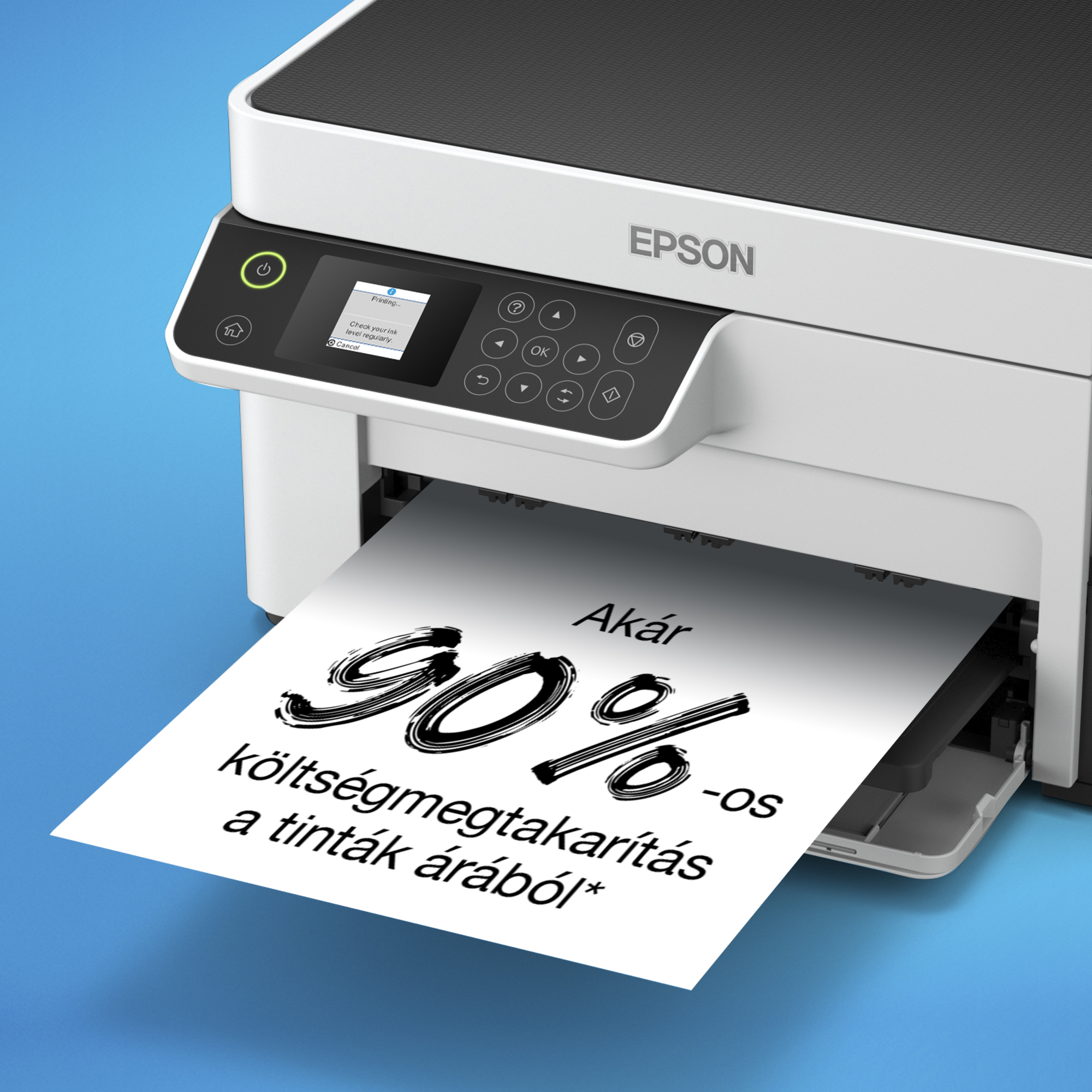 Fehér Epson nyomtató, amely egy papírra nyomtat, 90%-os tintaköltség-megtakarításról, kék háttérrel.