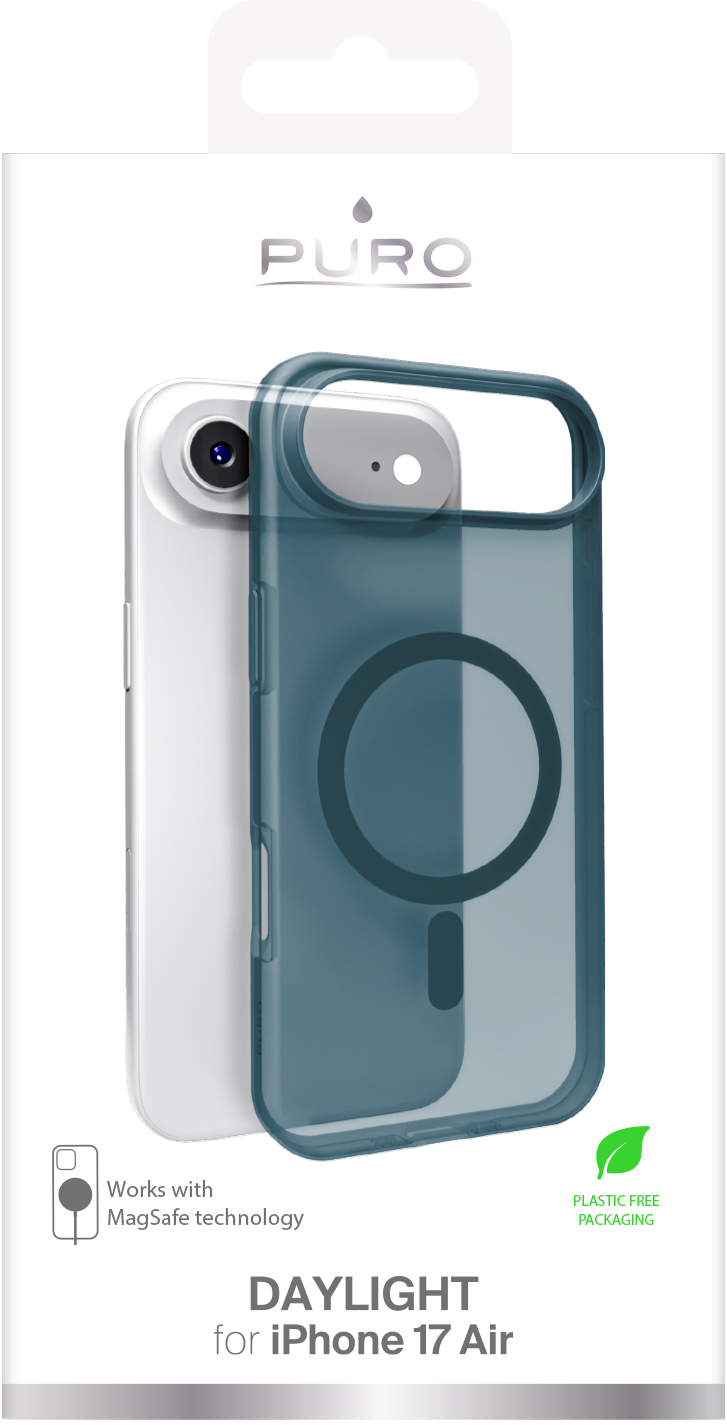 Obrazek przedstawia etui na telefon iPhone 17 Air, z niebieską obudową. Oznaczone jako 'DAYLIGHT' i 'Plastic Free Packaging'.
