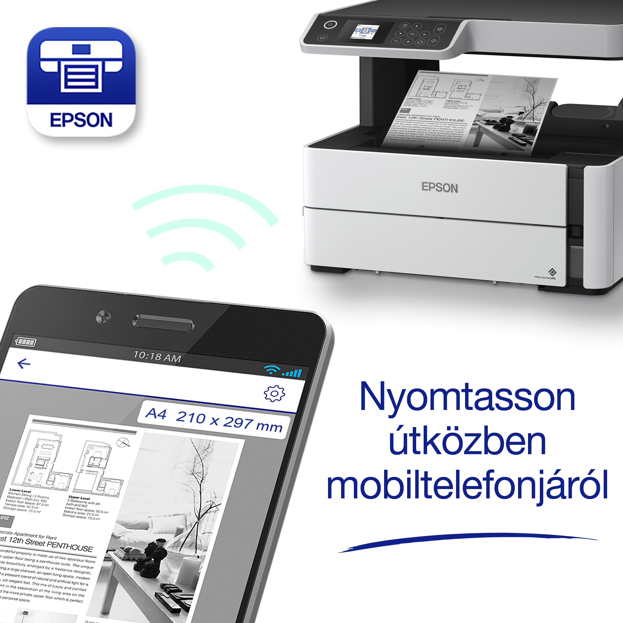 Egy Epson nyomtató dokumentumot nyomtat egy telefonról. A telefon egy alaprajzot mutat. A háttér fehér.