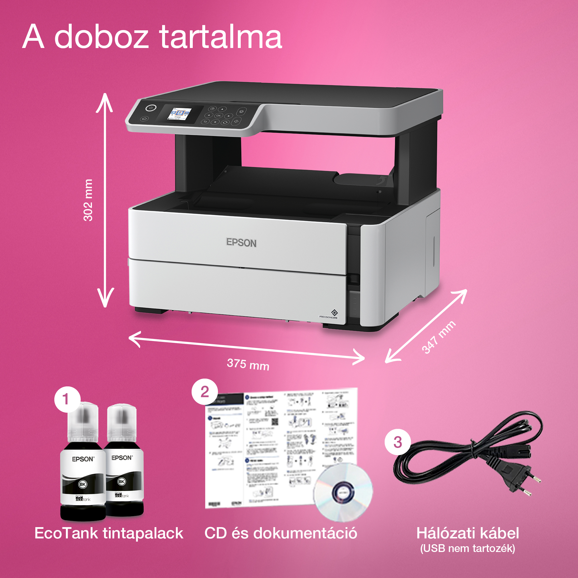 Egy Epson nyomtató tintapalackokkal, CD-vel és tápkábellel rózsaszín háttér előtt. Méretekkel feltüntetve.