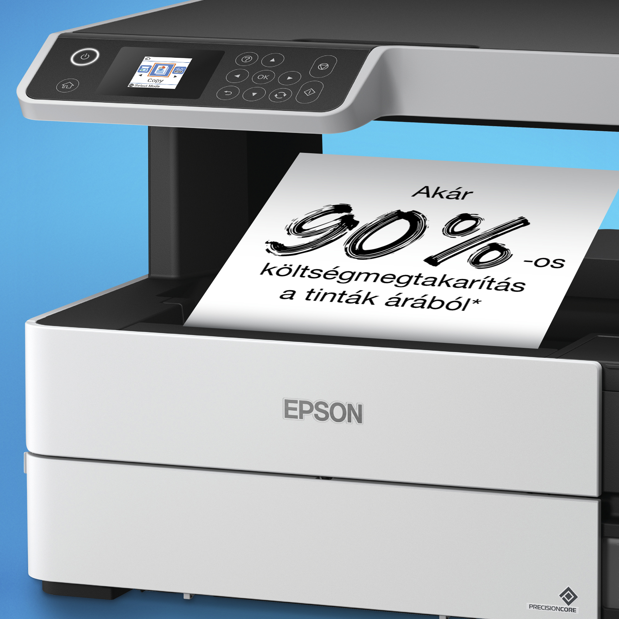 Epson nyomtató papírral, amely 90% -os költségmegtakarítást mutat a tintán. Kék háttér, gombok és képernyő látható.