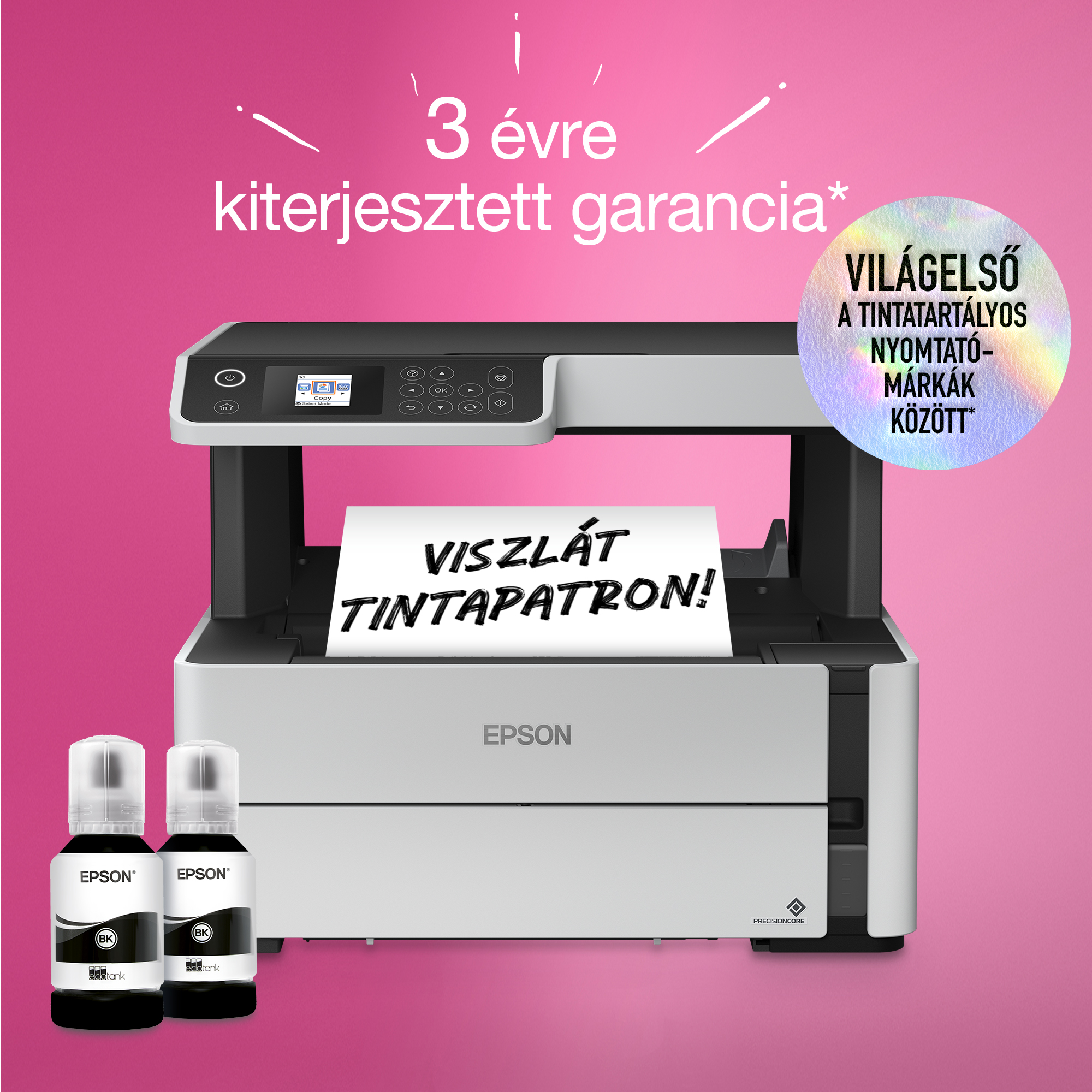Egy Epson nyomtató tintapalackokkal és egy 'VISZLÁT TINTAPATRON!' feliratú papírral. Rózsaszín háttér és garanciáról szóló szöveg.