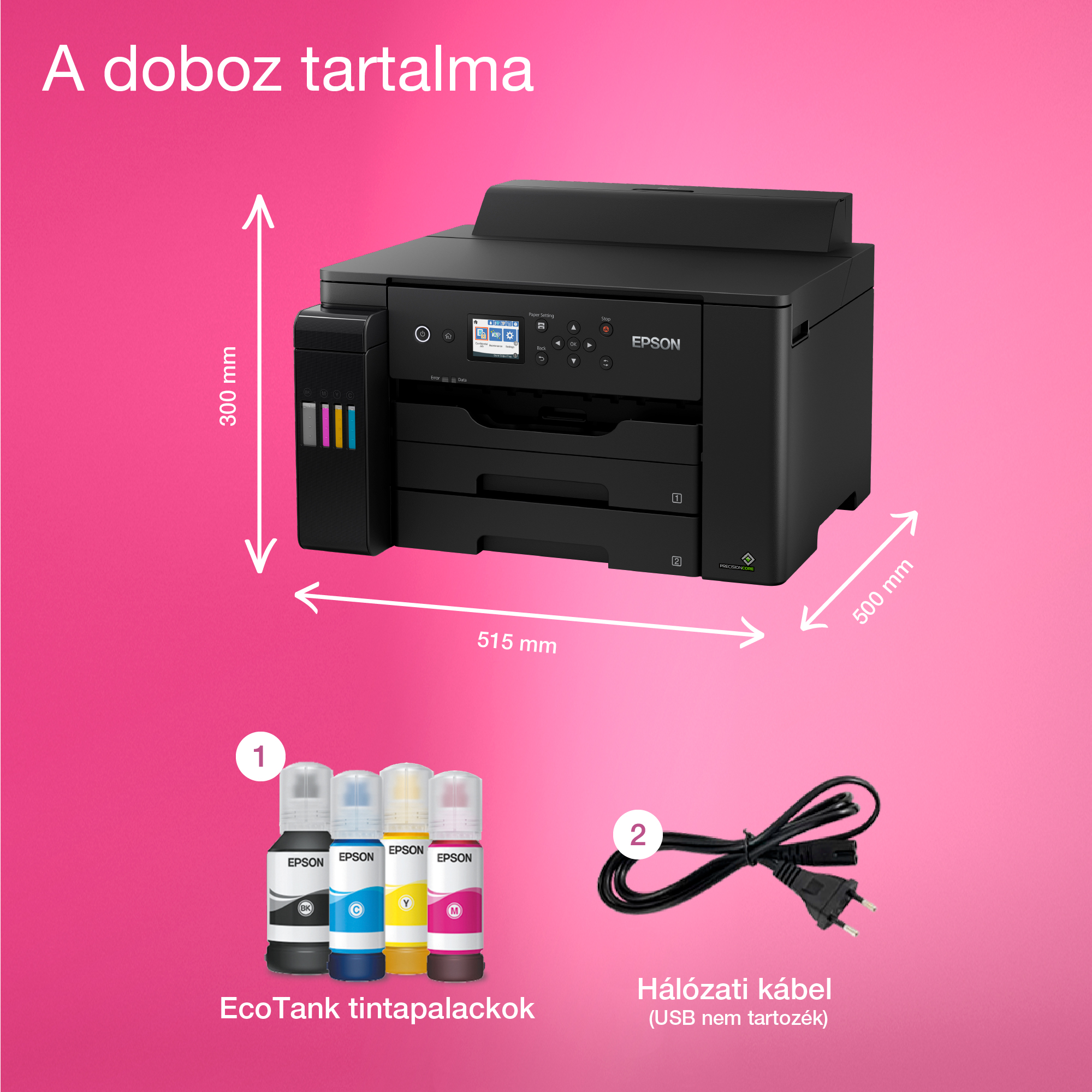 Egy Epson nyomtató, tintapalackok és egy hálózati kábel látható rózsaszín háttér előtt. A méretek meg vannak adva.