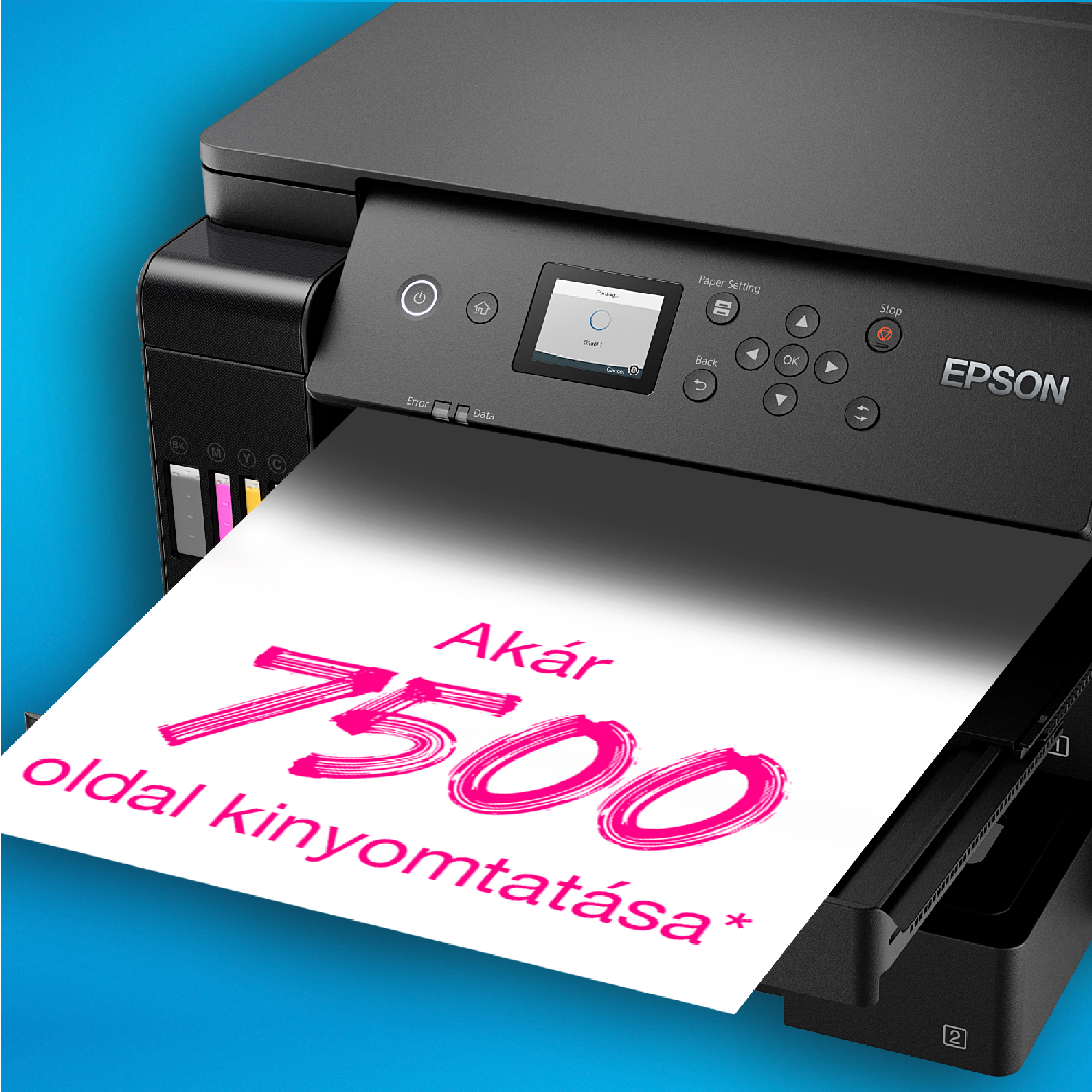 Egy Epson nyomtató nyomtatási feladatot jelenít meg. Egy papír a '7500 oldal kinyomtatása' szöveggel a nyomtatóban van.