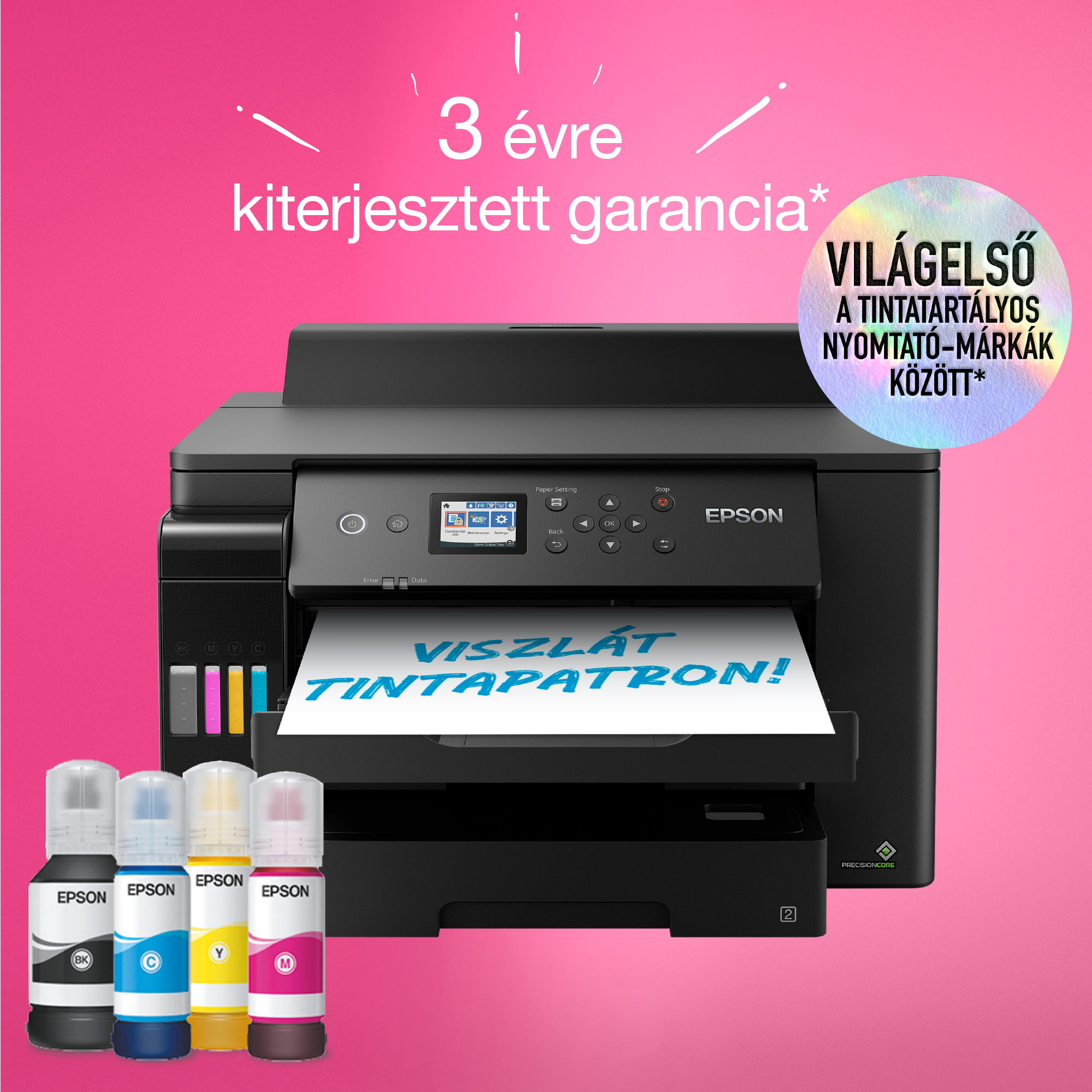Epson nyomtató tintapalackokkal és szöveggel rózsaszín háttéren. A szöveg azt mondja: '3 év garancia' és 'Üdvözöljük a tintapatront'.