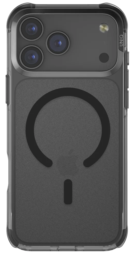 Przezroczyste etui na telefon z ciemnoszarym tyłem. Widoczne trzy obiektywy aparatu, lampa błyskowa i czarne koło magnetyczne.