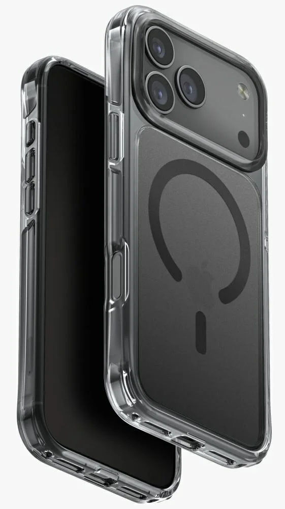 Przezroczyste etui chroni czarny telefon. Etui ma symbol ładowania magnetycznego z tyłu. Telefon ma wiele obiektywów kamery.