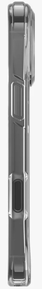 Przezroczyste etui na telefon, widok z boku, z czarnym przyciskiem i wycięciem na aparat. Obudowa ma geometryczne elementy designu.