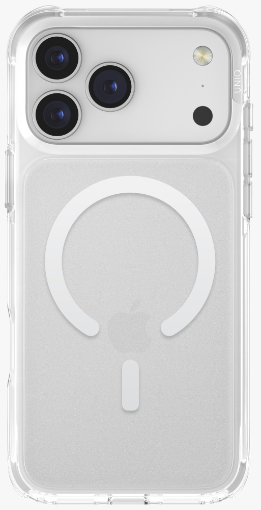 Przezroczyste etui na telefon. Widoczne obiektywy aparatu, lampa błyskowa i białe koło MagSafe. Logo Apple na dole.