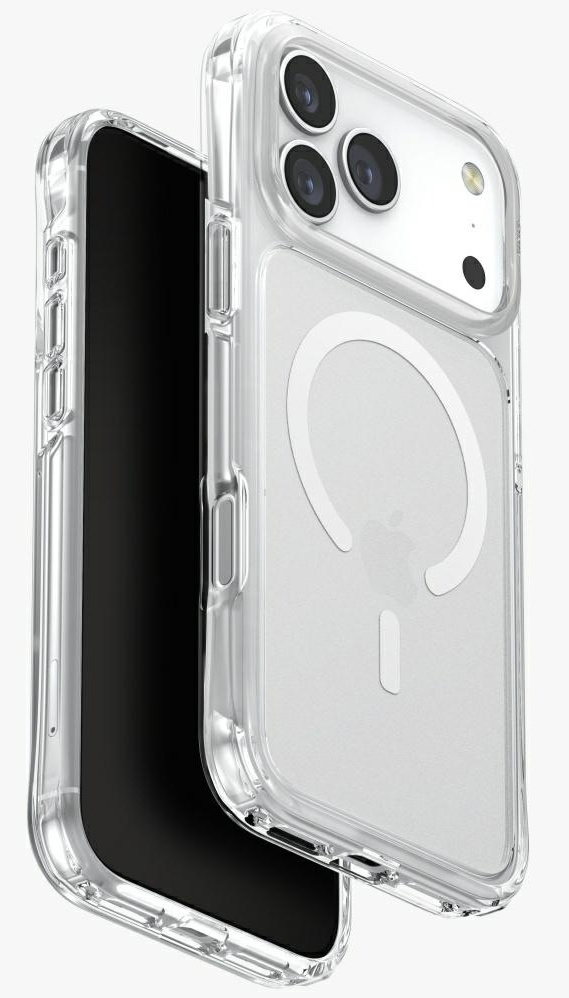 Przezroczyste etui na telefon z czarnym telefonem w środku. Etui ma magnetyczny pierścień i wycięcia na aparat.