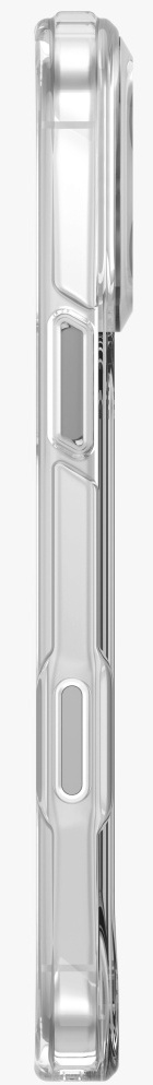 Przezroczyste, prostokątne etui na telefon. Etui ma serię geometrycznych wycięć. Tło jest białe.