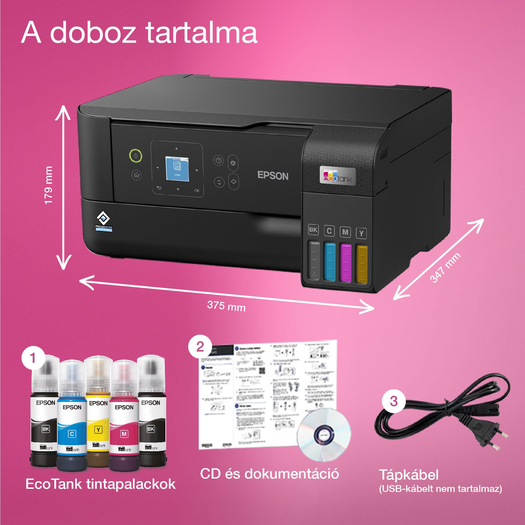 Epson nyomtató, tintapalackok, CD, dokumentáció és tápkábel rózsaszín háttéren. Méretek láthatók.