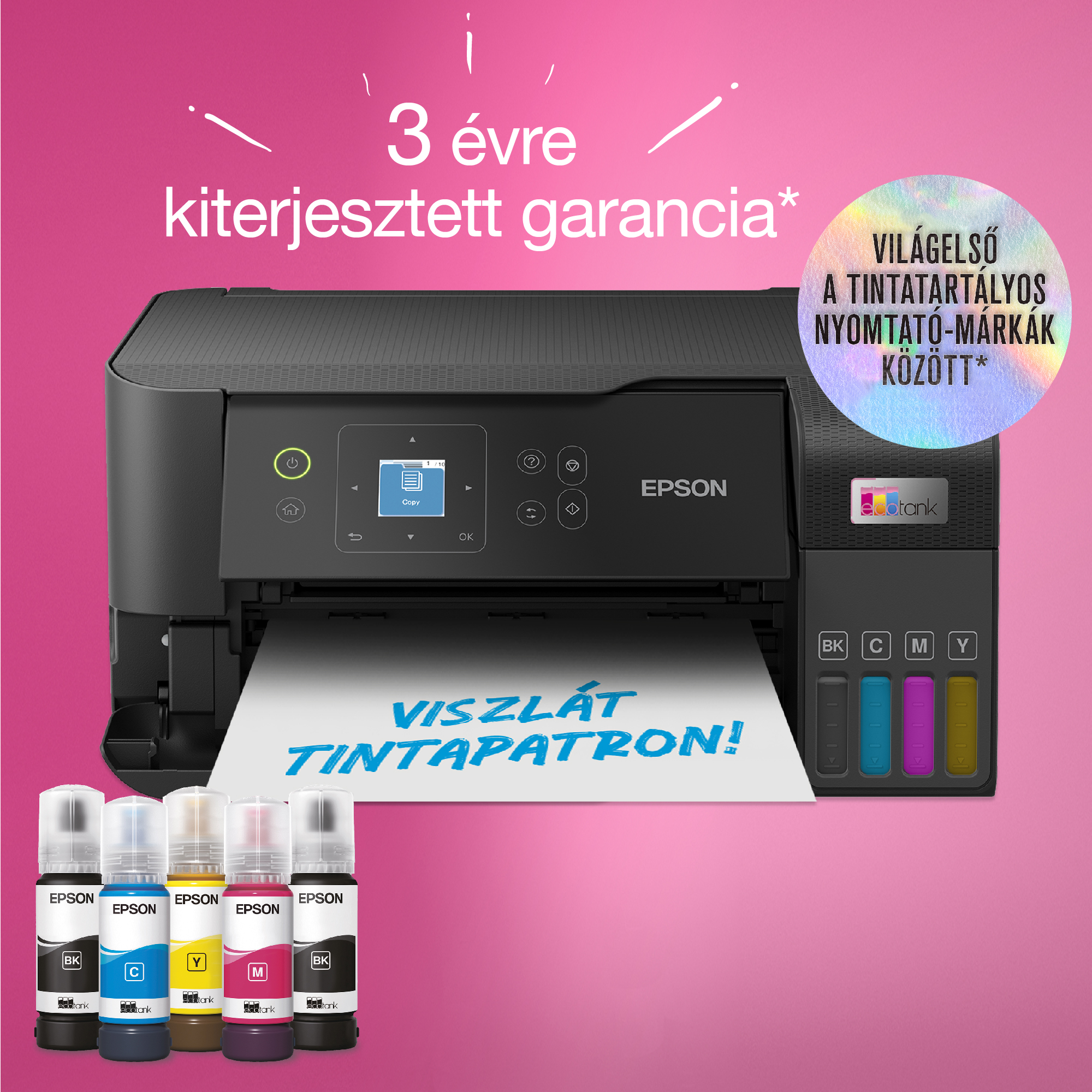 Epson nyomtató tintásüvegekkel. Szöveg: '3 év garancia' és 'Viszlát tintapatron!'