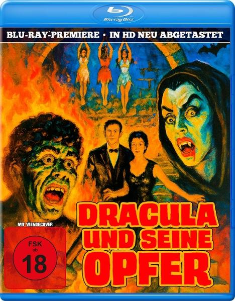 Filmposter von Dracula und seinen Opfern. Zeigt Dracula, Opfer und ein Monster. Der Titel ist in großen, orangefarbenen Buchstaben zu sehen.