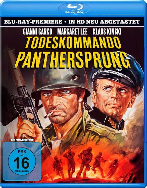 Filmposter. Zwei Männer, einer raucht, und der Titel 'Todeskommando Panthersprung'. Roter Hintergrund mit Soldaten.