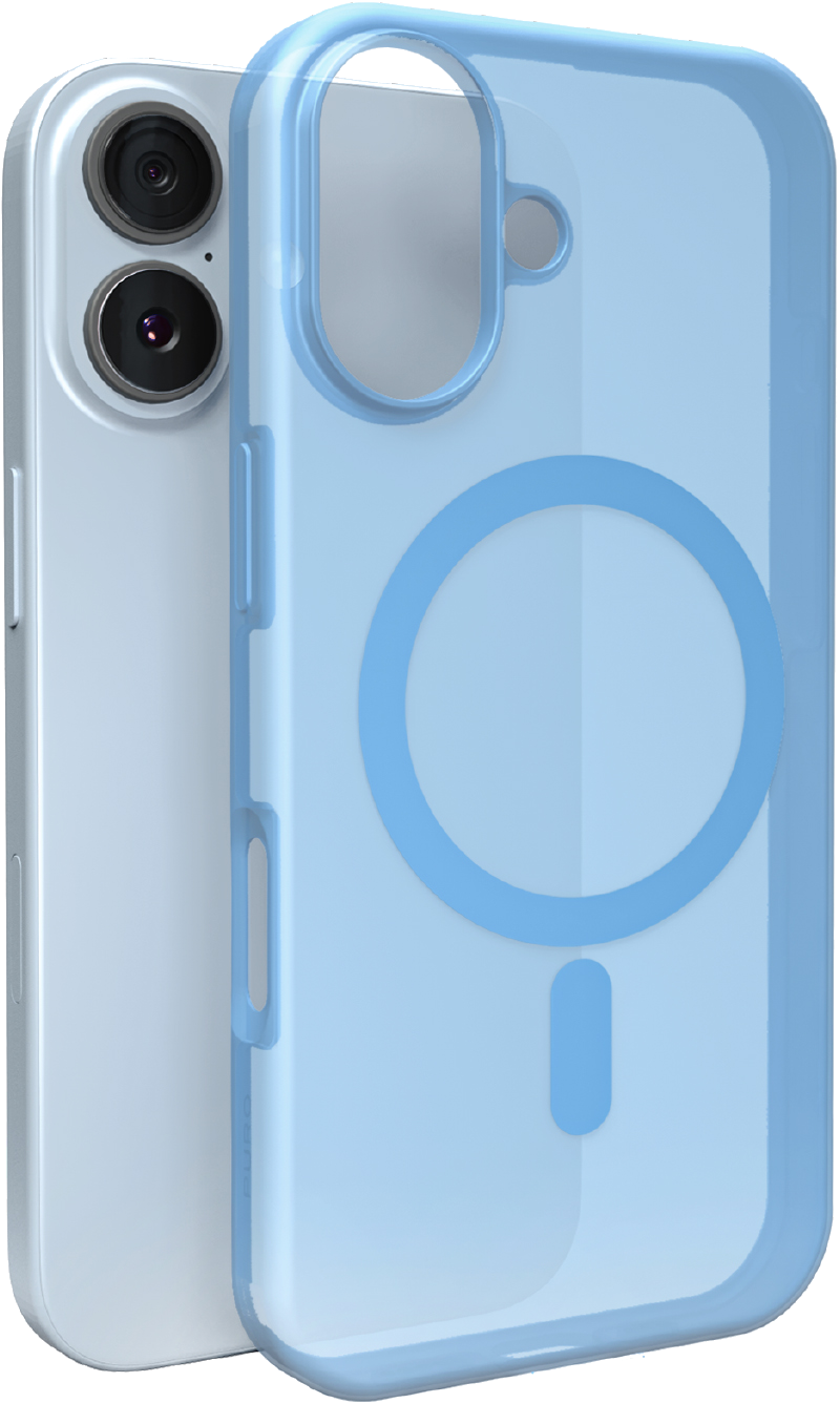 Jasnoniebieski iPhone z pasującym, przezroczystym etui. Etui ma okrągły wzór na plecach.