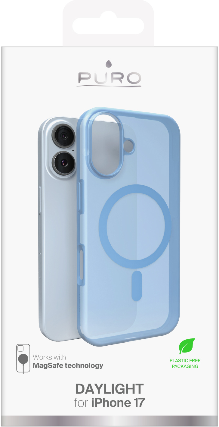 Pokazano telefon i jasnoniebieskie etui na telefon. Etui ma magnetyczny pierścień i jest opisane 'Daylight for iPhone 17'.