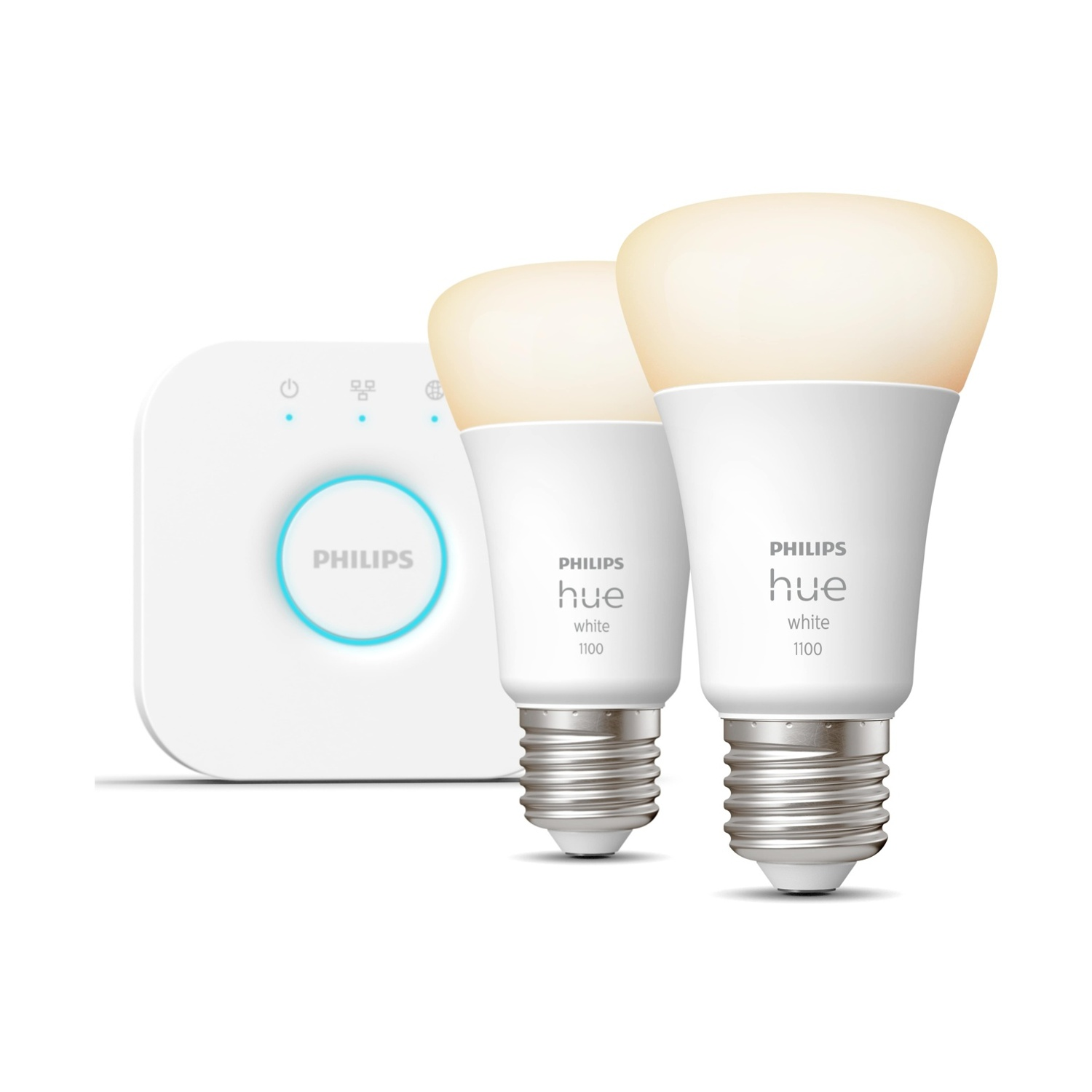 Due lampadine intelligenti Philips Hue e un hub bianco su sfondo bianco. Le lampadine sono accese. L'hub ha il logo Philips.