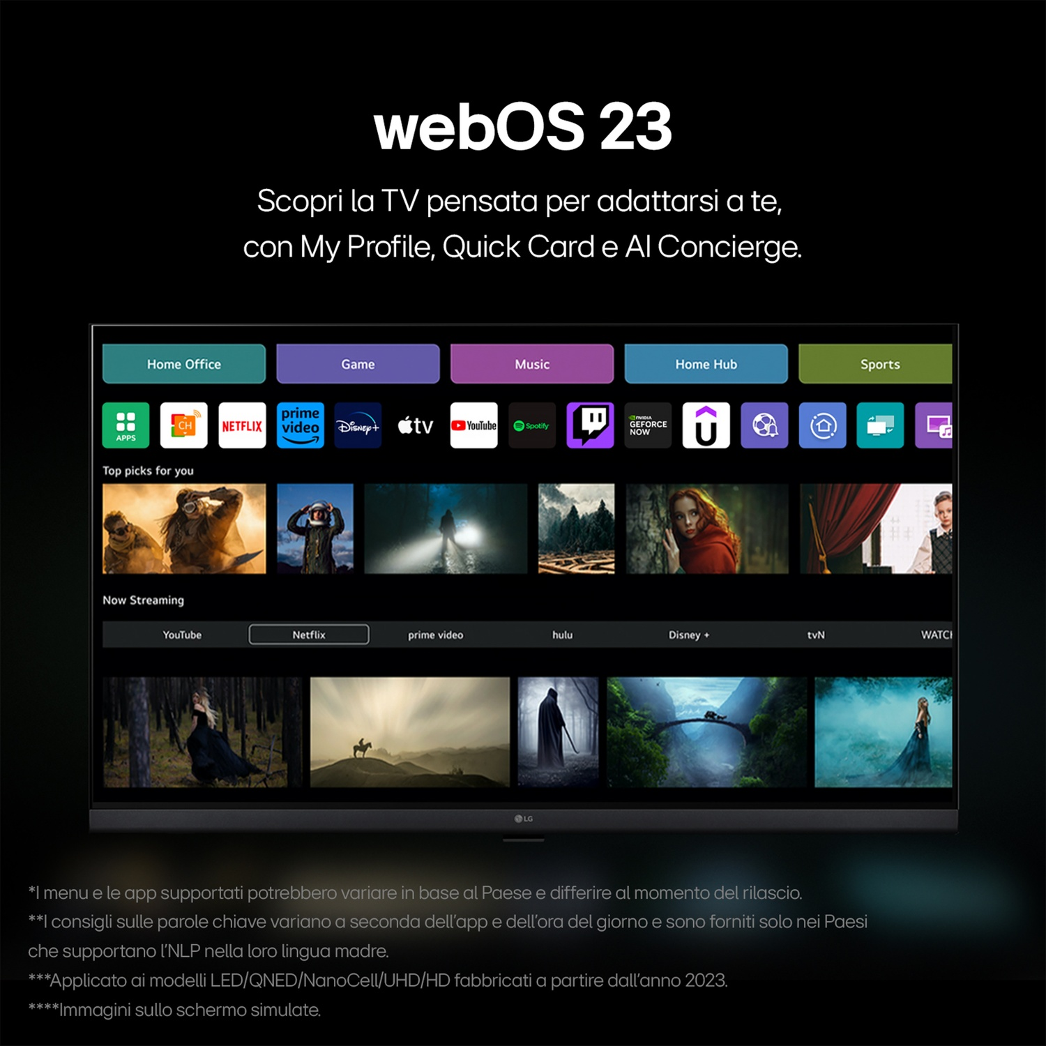 Uno schermo TV mostra l'interfaccia webOS 23. L'interfaccia mostra varie icone di app e servizi di streaming, come Netflix e YouTube.